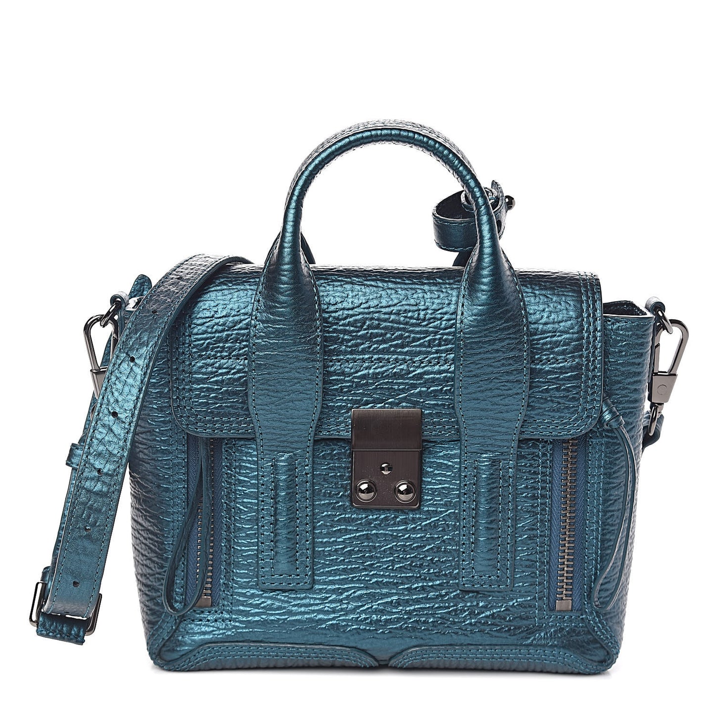 3.1 Metallic Textured Calfskin Mini Pashli Satchel Turquoise