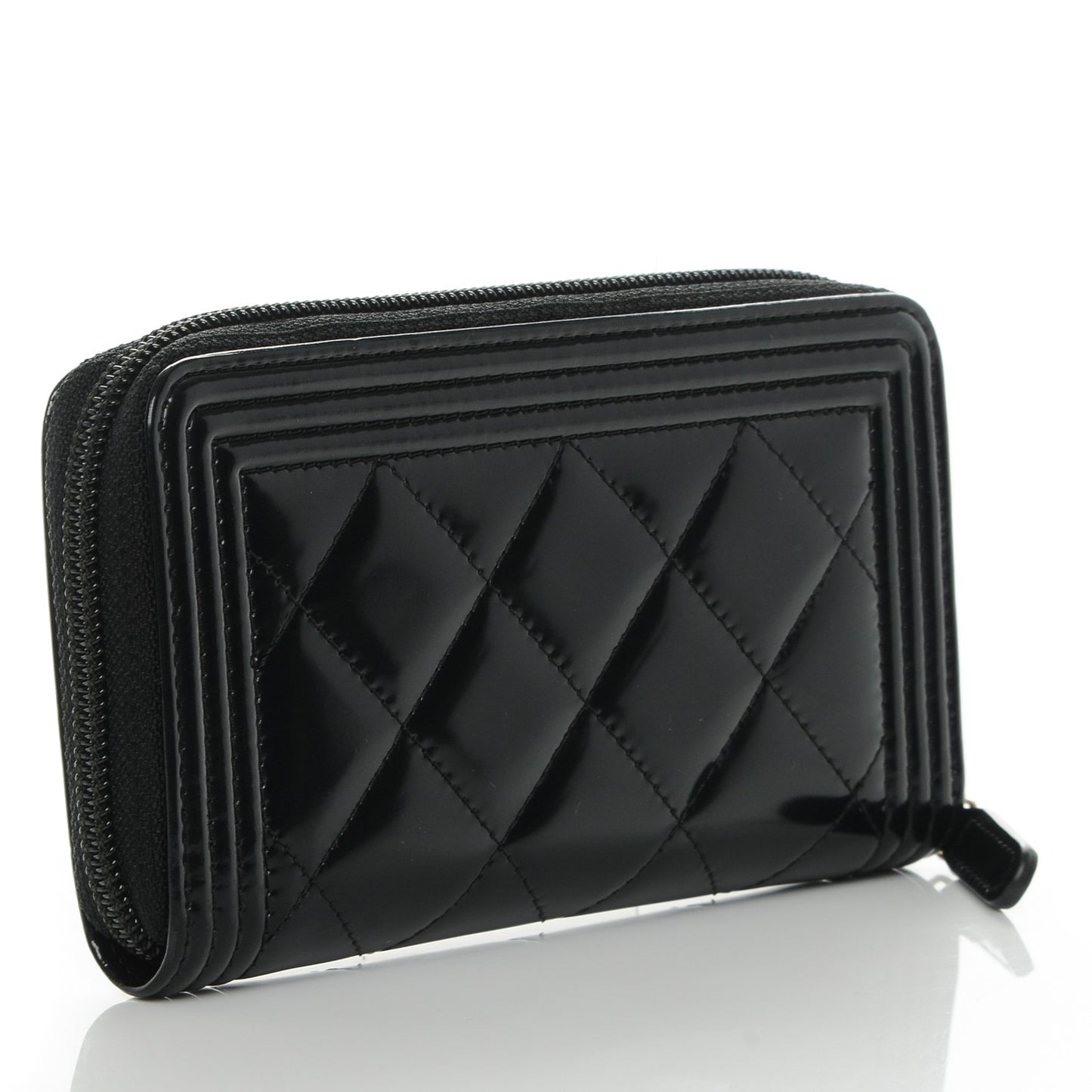 Glazed Calfskin Quilted Small Boy Zip Around Wallet Black