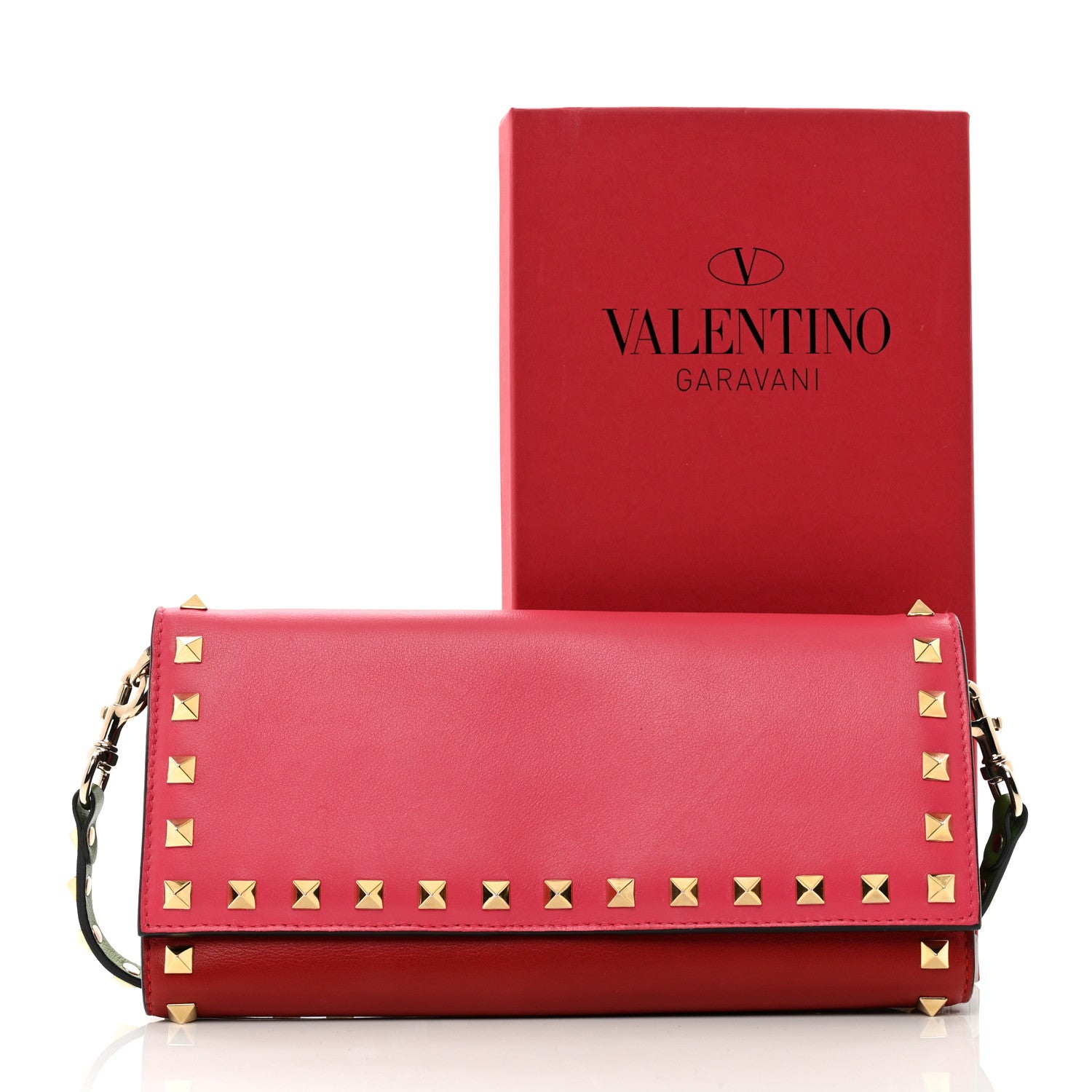 Valentino Garavani Vitello Colorblock Rockstud Wallet On Strap Deep Rose Green Grey Scarlet 10 of 10