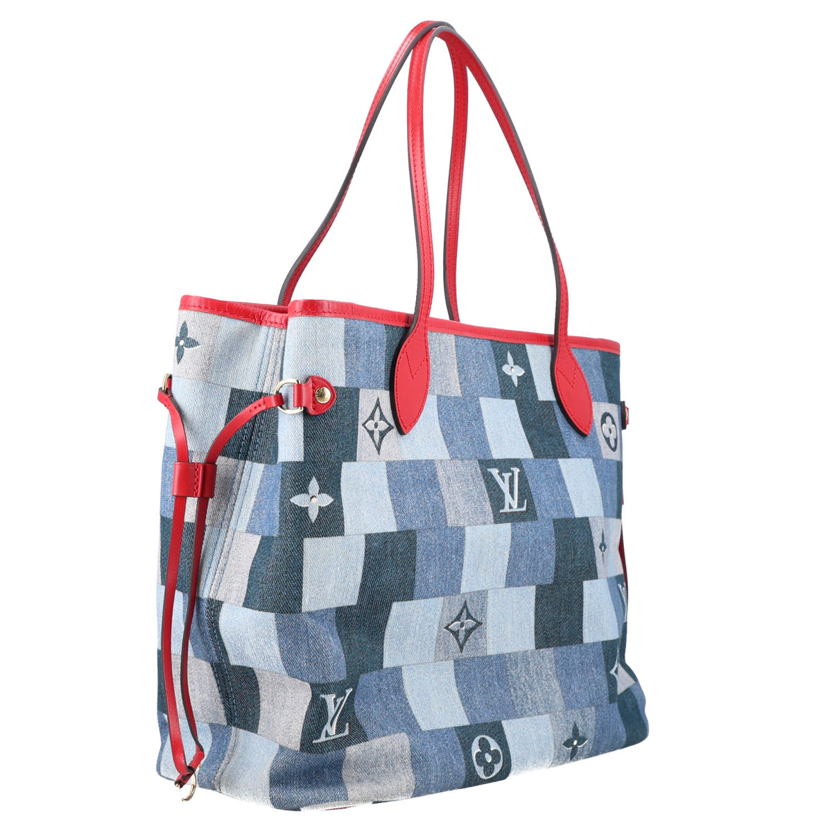 Denim Damier Monogram Patchwork Neverfull Blue Rouge