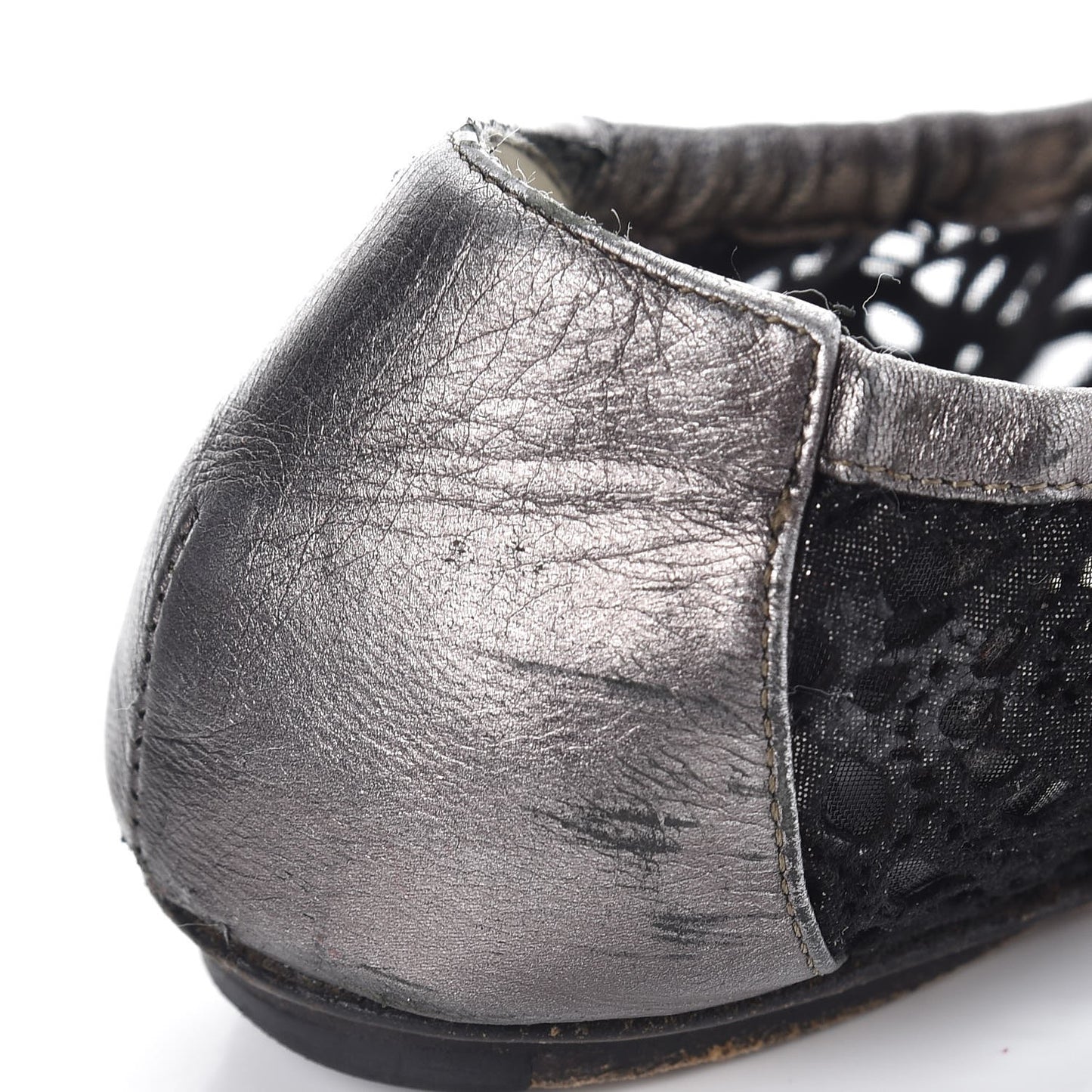 Metallic Calfskin Lace Pearl CC Cap Toe Elastic Ballerina Flats 37.5 Black