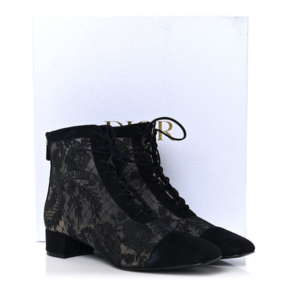 Christian Dior Suede Transparent Mesh Embroidered Roses Naughtily-D Heeled Lace Up Ankle Boots 39.5 Black 10 of 10