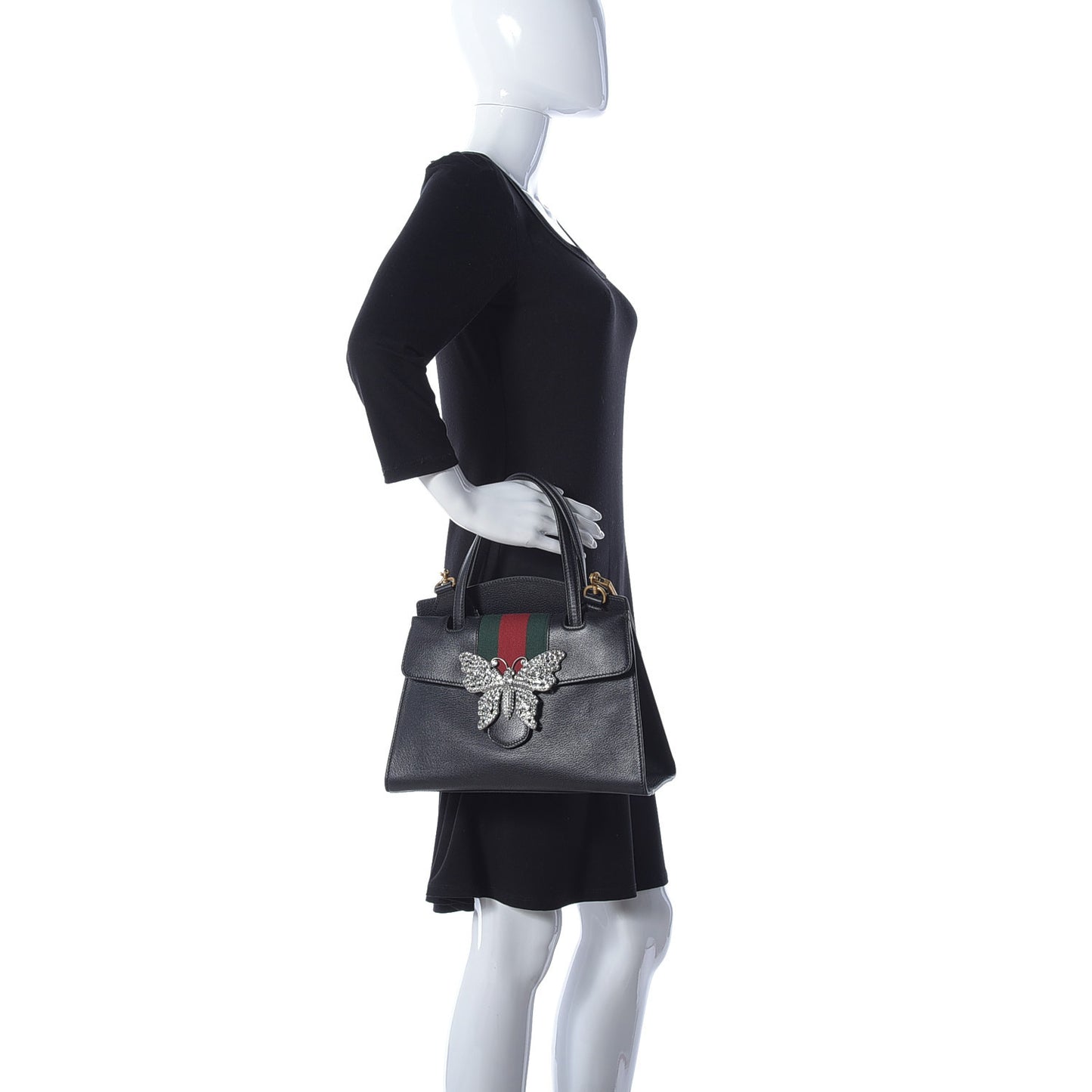 Grained Calfskin Web Crystal Butterfly Stripe Medium Totem Top Handle Bag Black