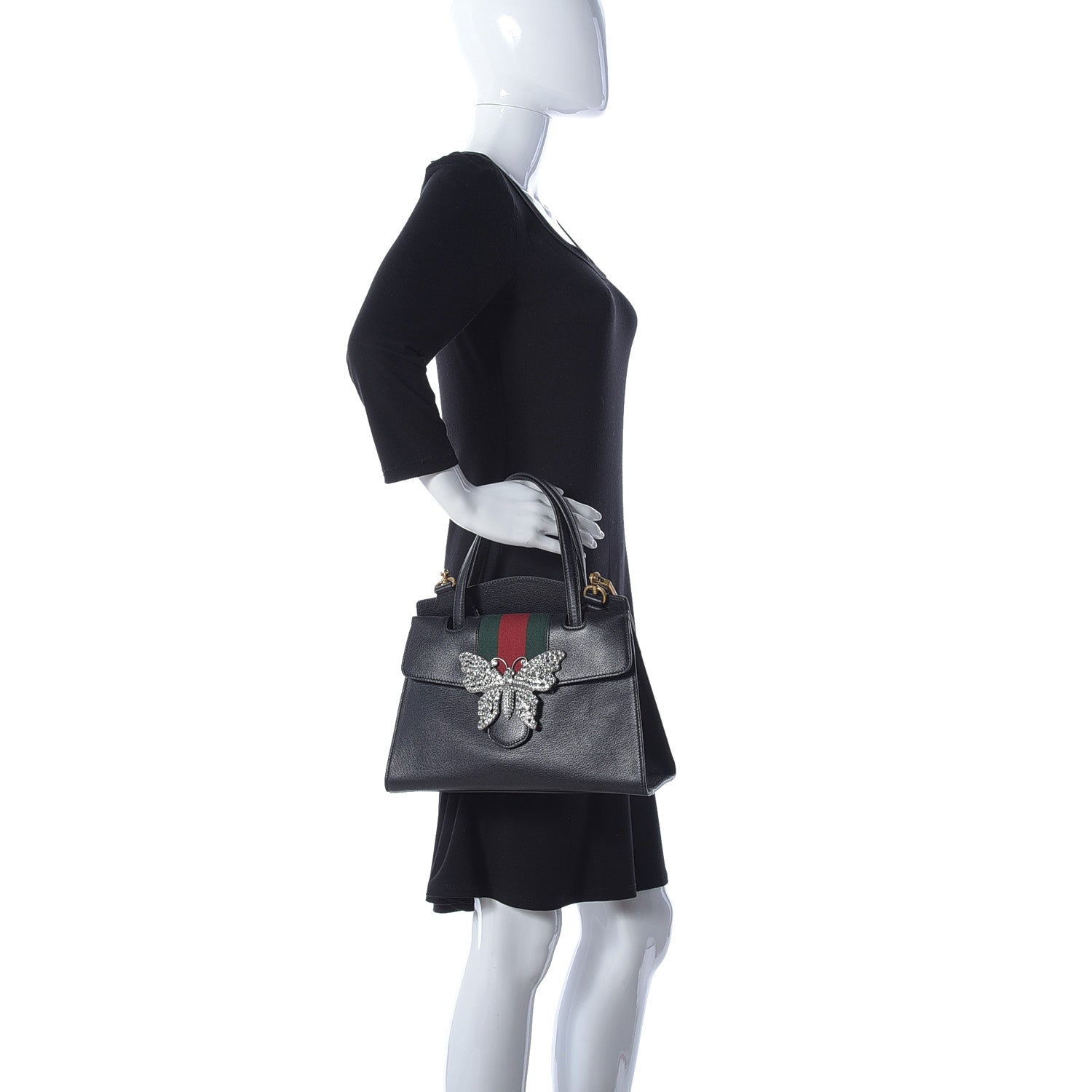 Gucci Grained Calfskin Web Crystal Butterfly Stripe Medium Totem Top Handle Bag Black 2 of 12