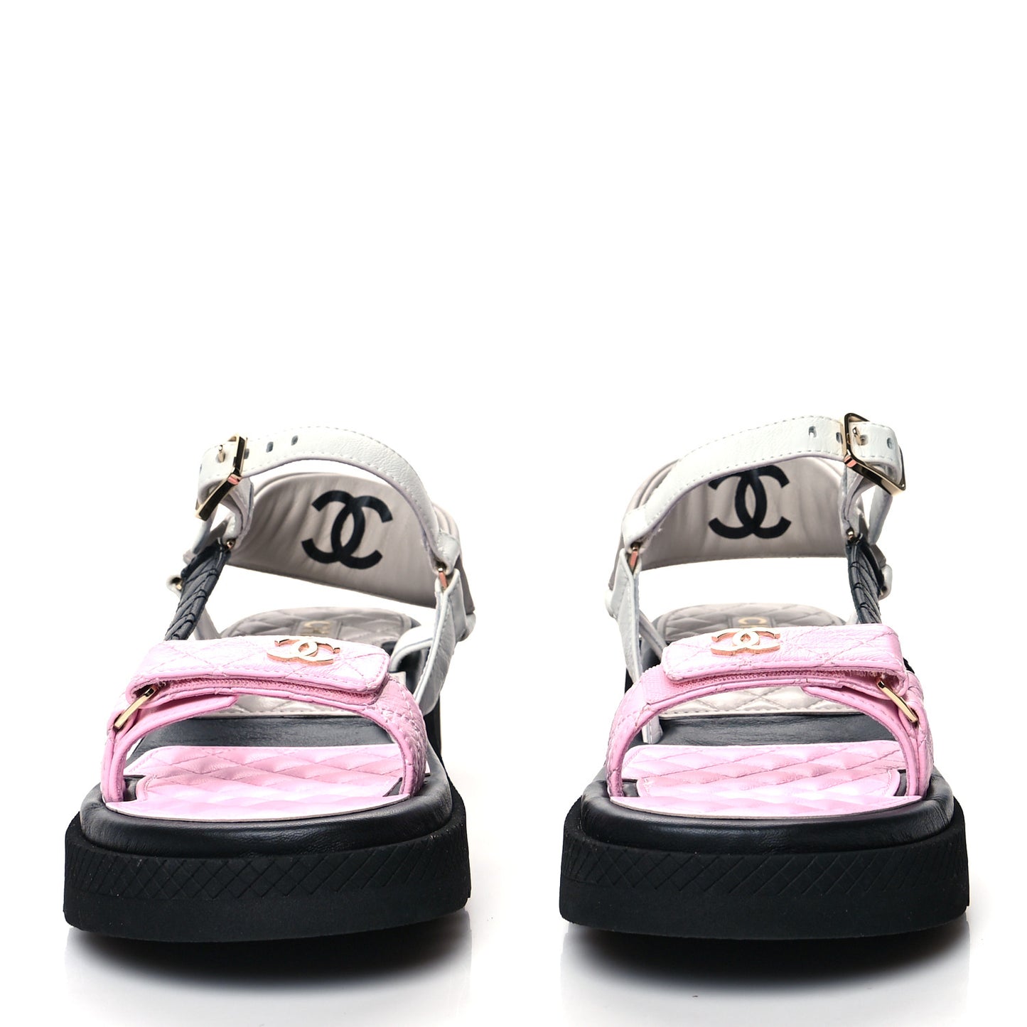 Lambskin Quilted CC Logo Platform Sandals 41 Black White Pink