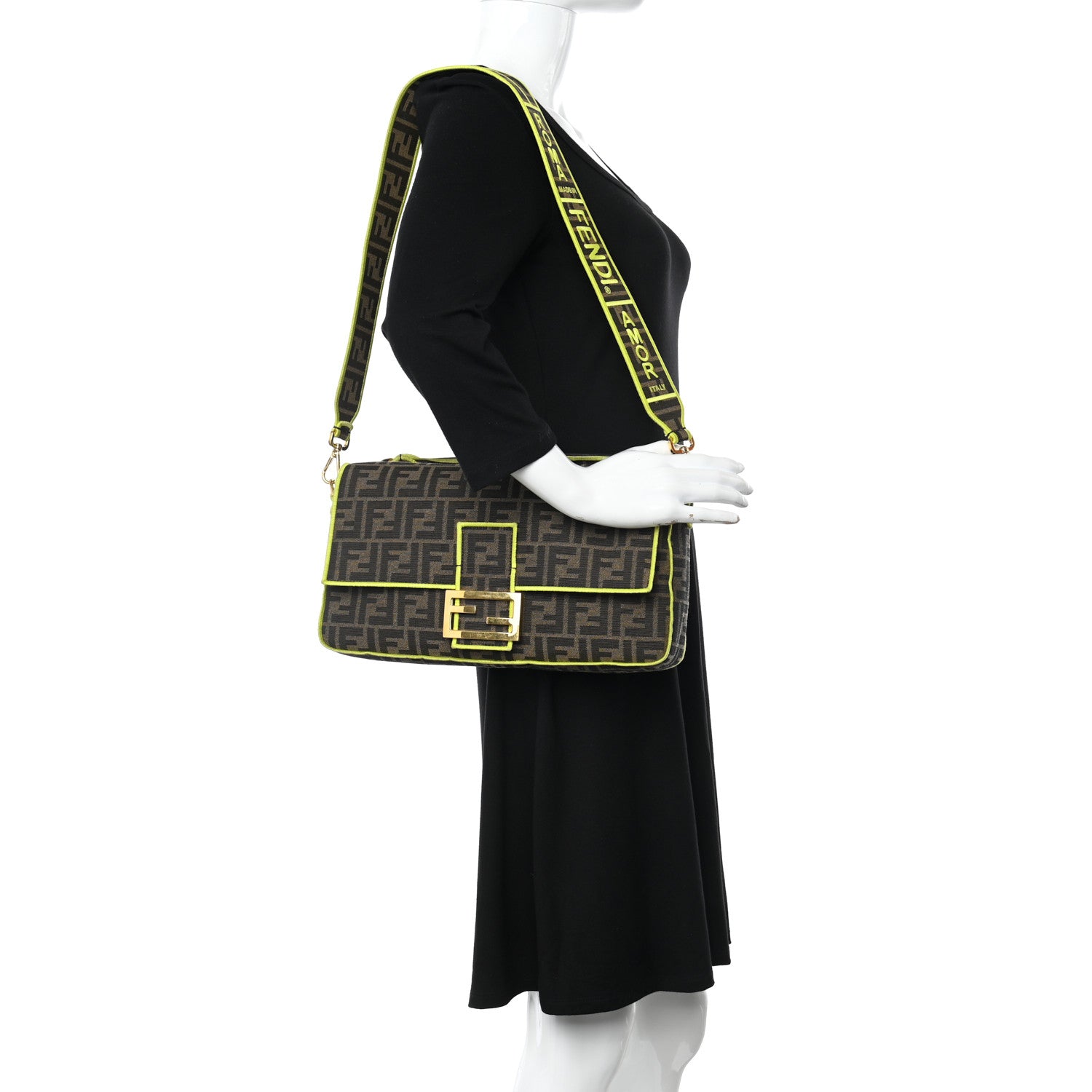 Fendi Fabric Jacquard FF 1974 Large Baguette Tobacco Moro Giallo Fluo 2 of 10