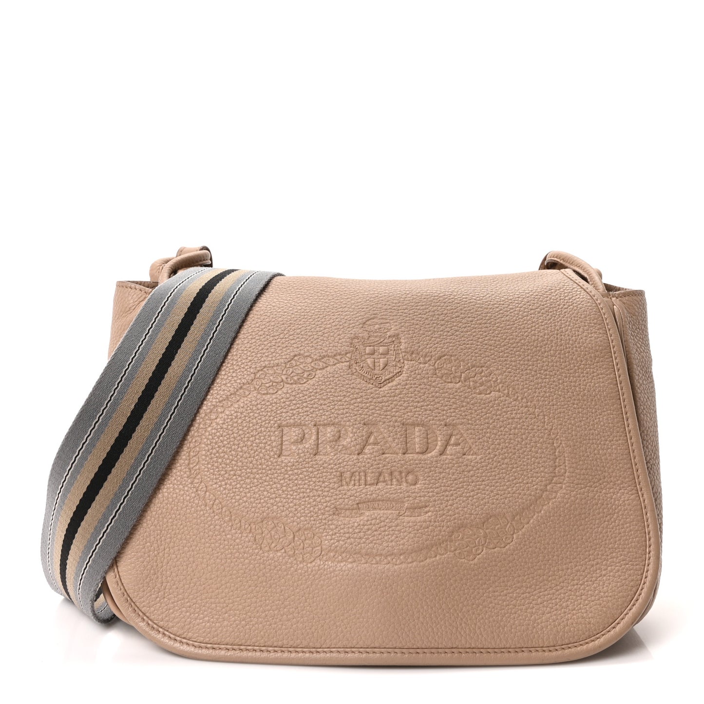 Vitello Daino Embossed Logo Flap Shoulder Bag Sesamo