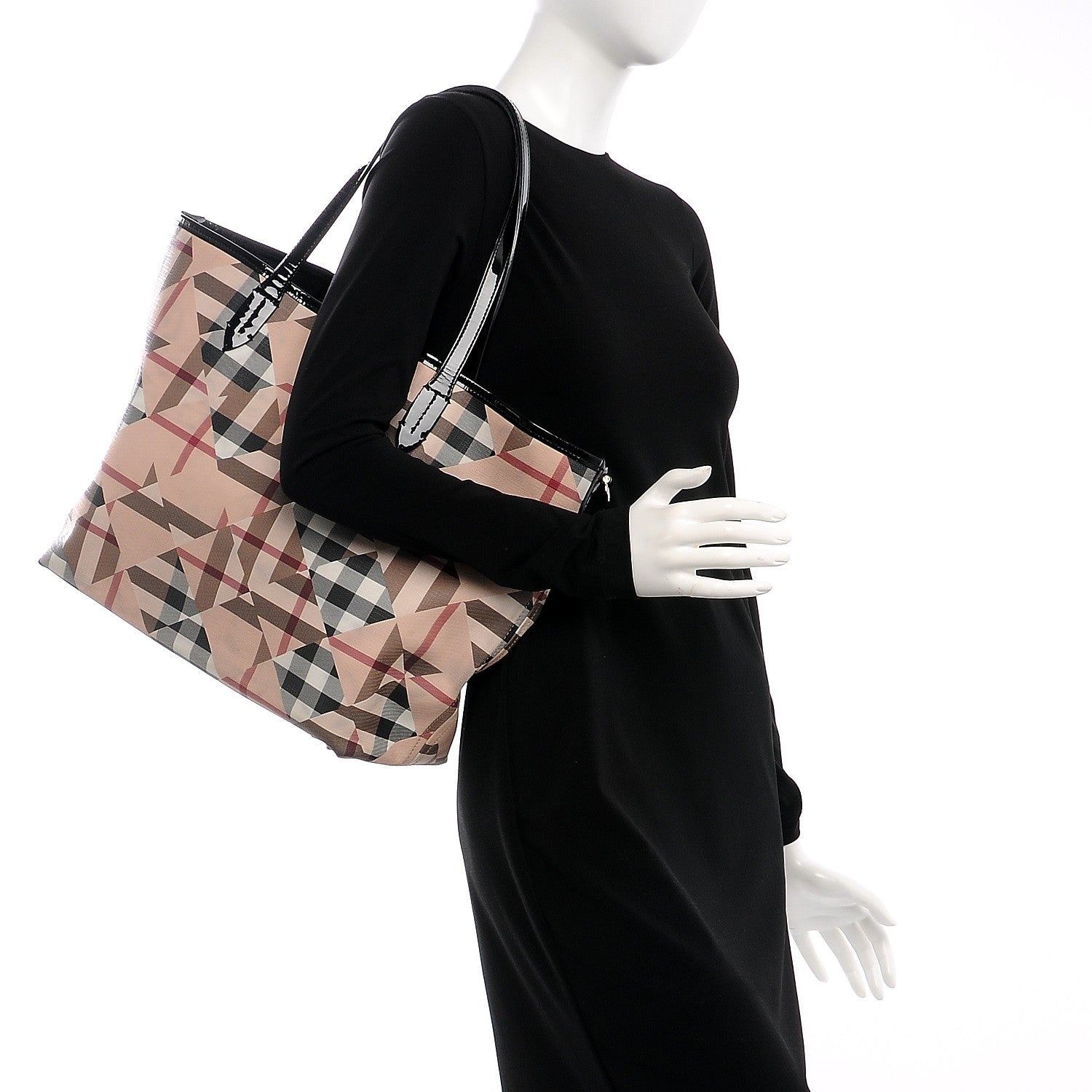 Burberry Patent Trim Patchwork Check Tote Black 2 of 7