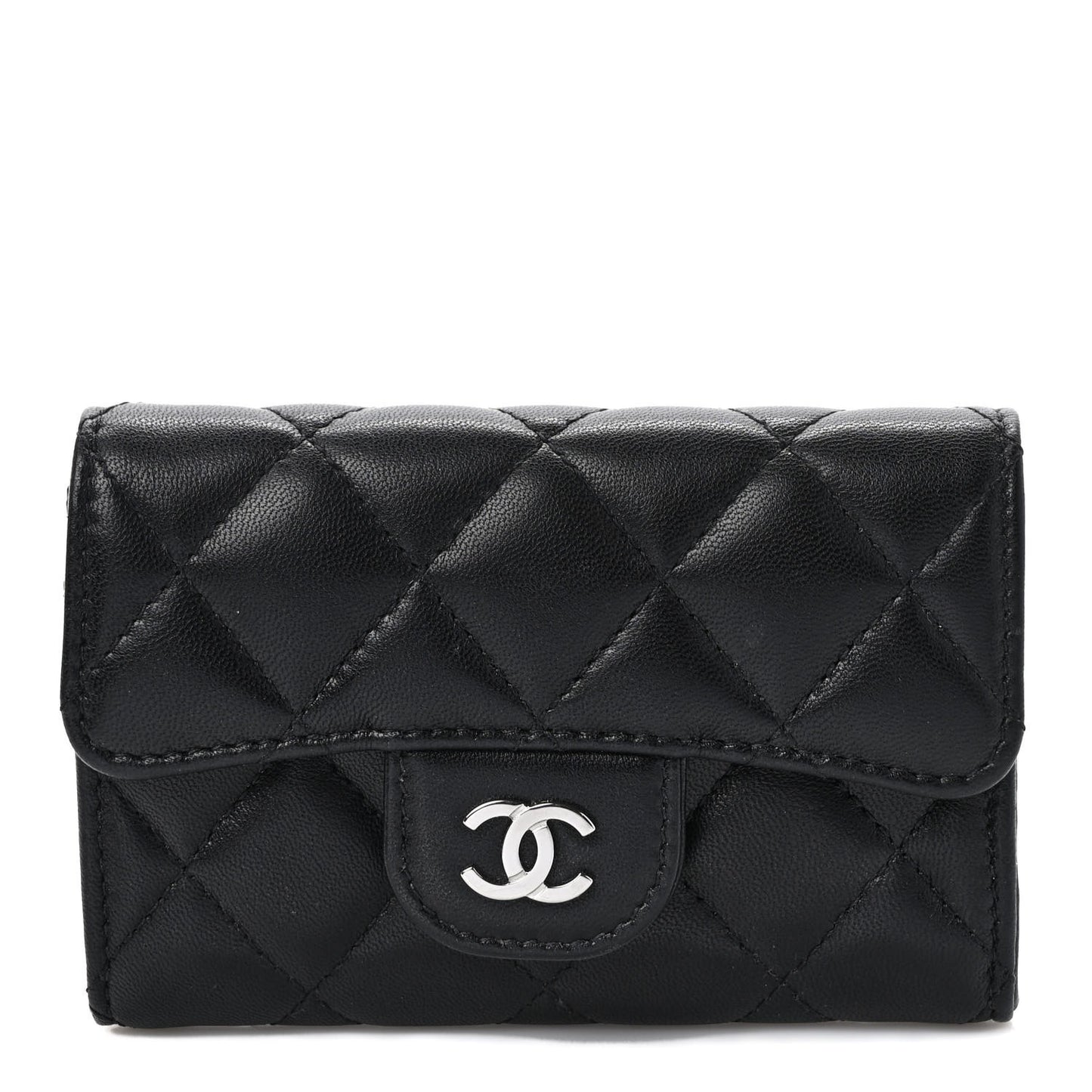 Lambskin Quilted Flap Card Holder Wallet Black