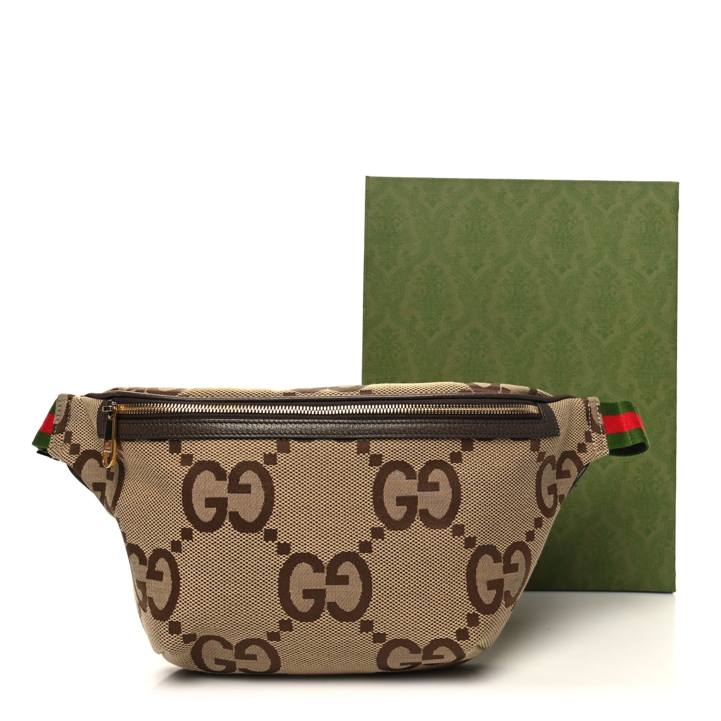 Monogram Jumbo GG Textured Dollar Calfskin Web Belt Bag Camel Ebony New Acero