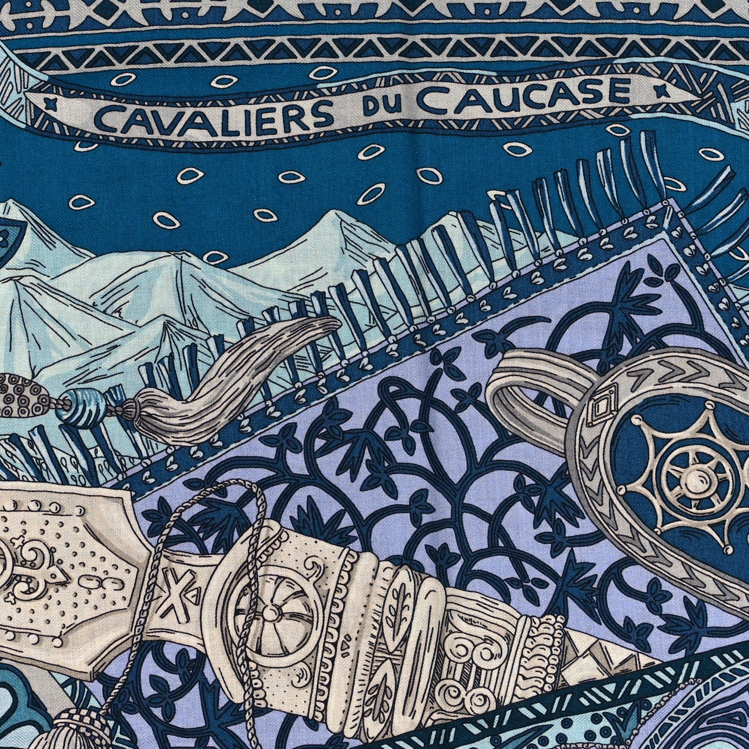 Hermes Cashmere Silk Cavaliers du Caucase Shawl 140 Bleu Gris Parme 6 of 6