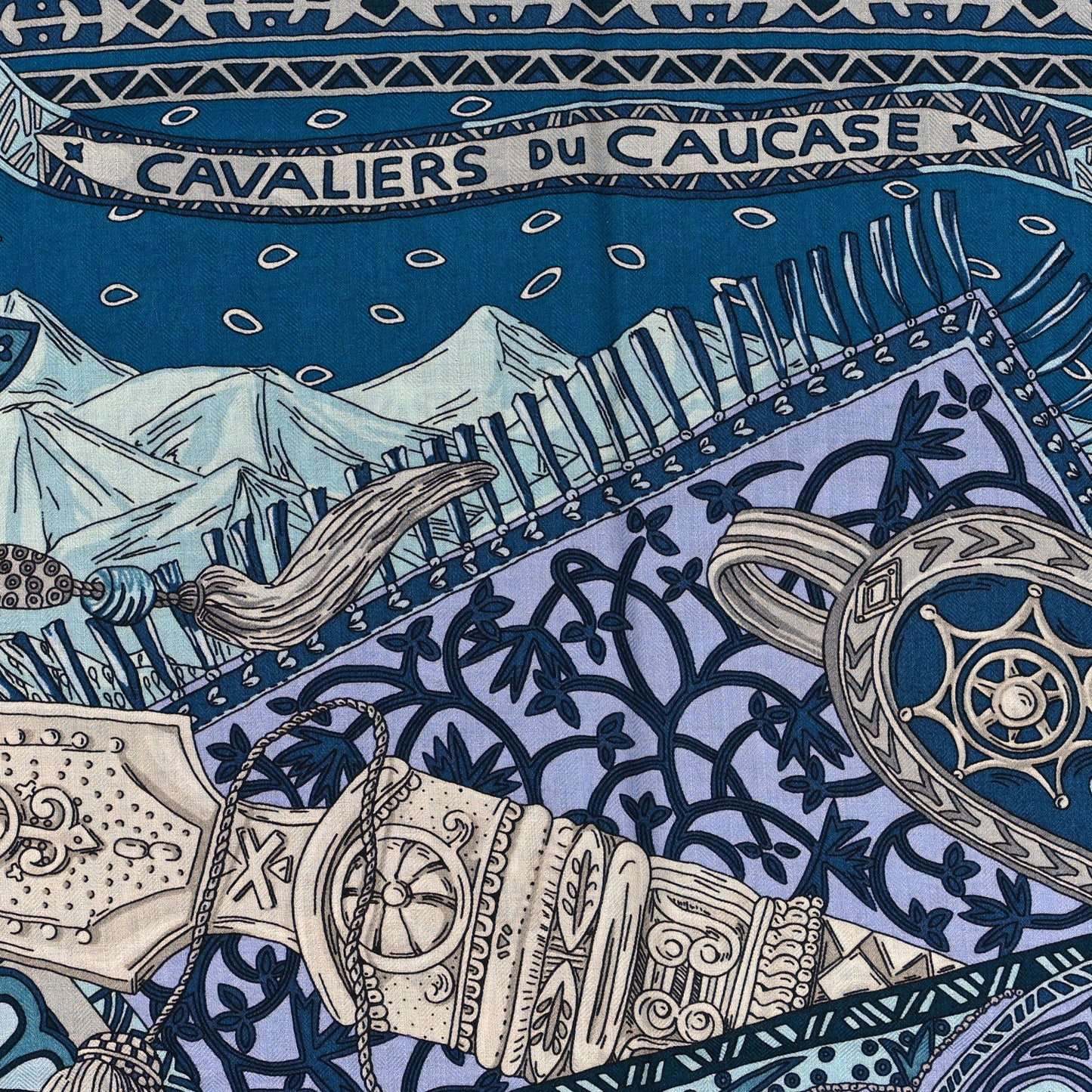 Cashmere Silk Cavaliers du Caucase Shawl 140 Bleu Gris Parme
