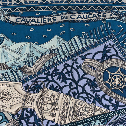 Hermes Cashmere Silk Cavaliers du Caucase Shawl 140 Bleu Gris Parme 6 of 6