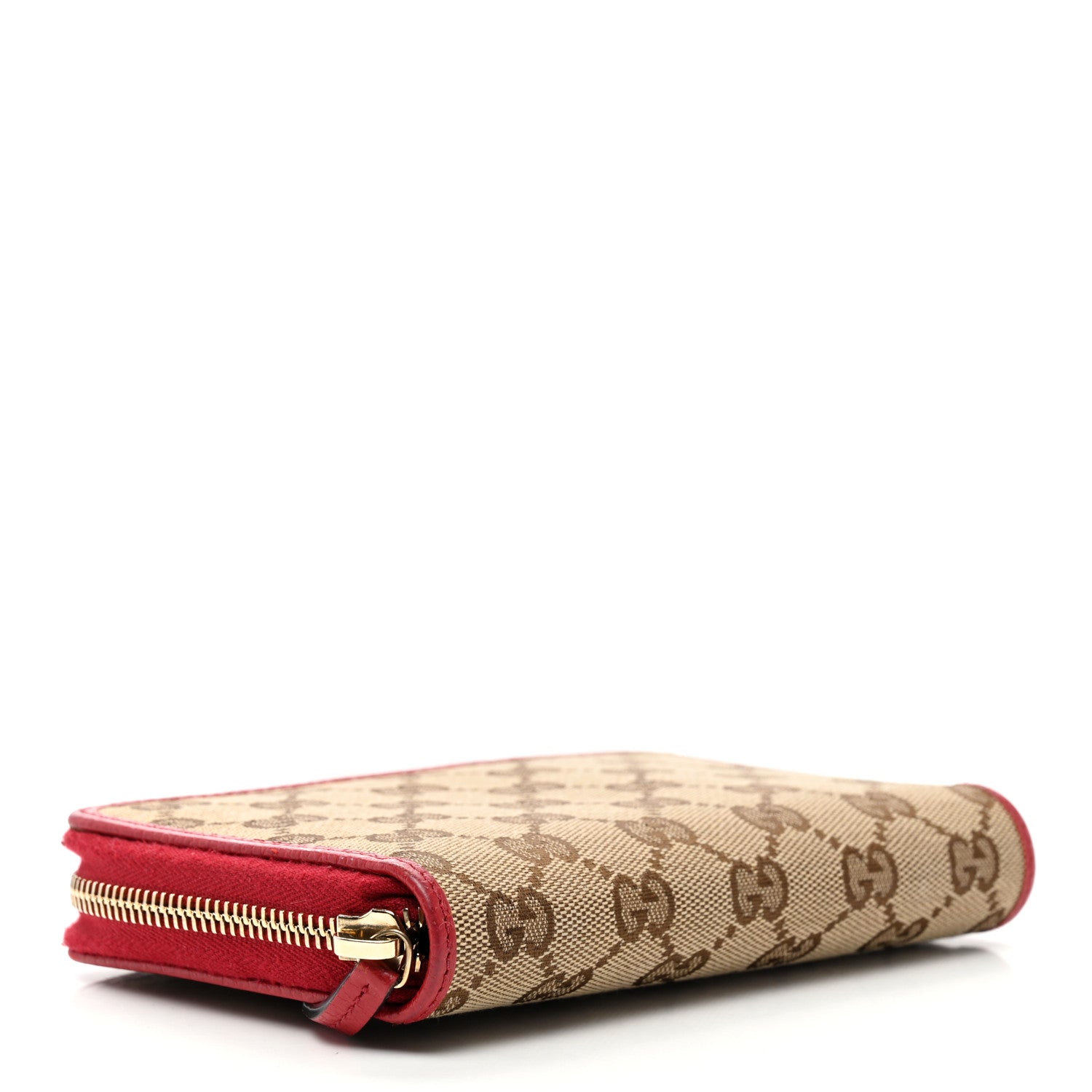 Gucci Monogram Dollar Calfskin Zip Around Compact Wallet Beige Ebony Rosso 4 of 14