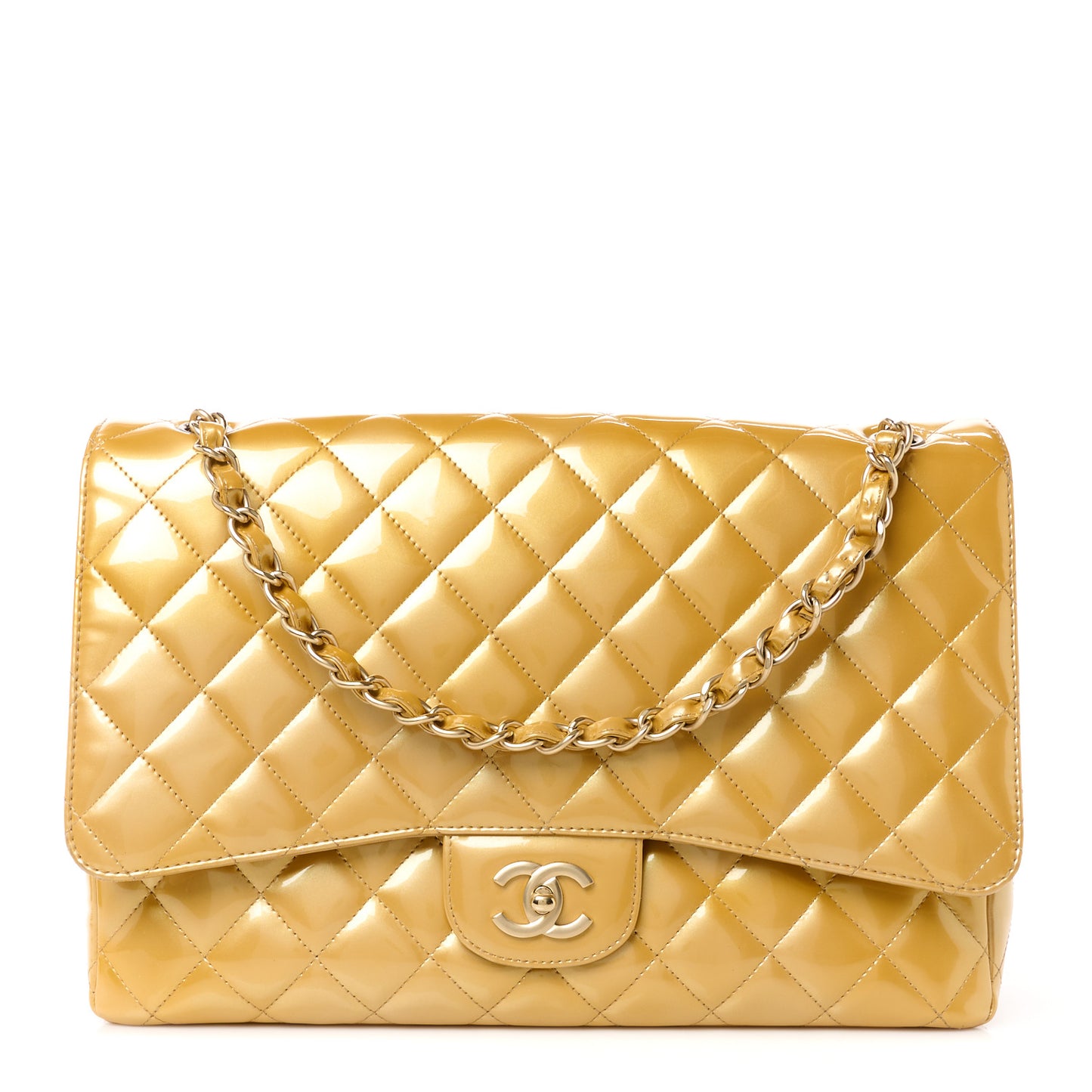 Metallic Patent Quilted Maxi Single Flap Beige
