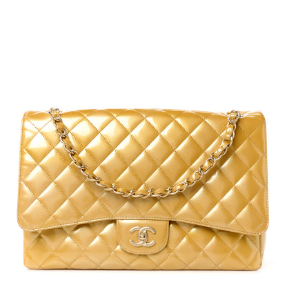 Chanel Metallic Patent Quilted Maxi Single Flap Beige 1 of 14