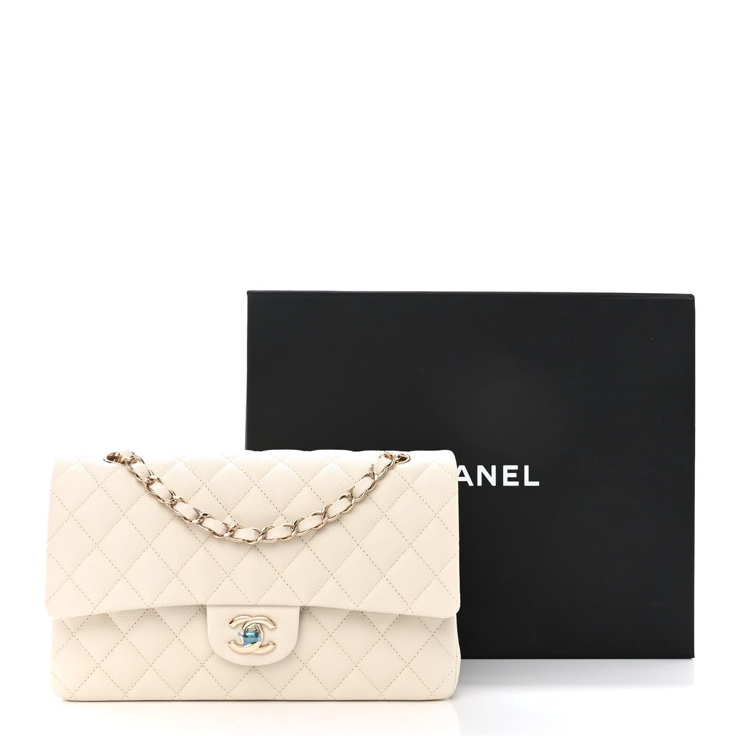 Caviar Quilted Medium Double Flap White