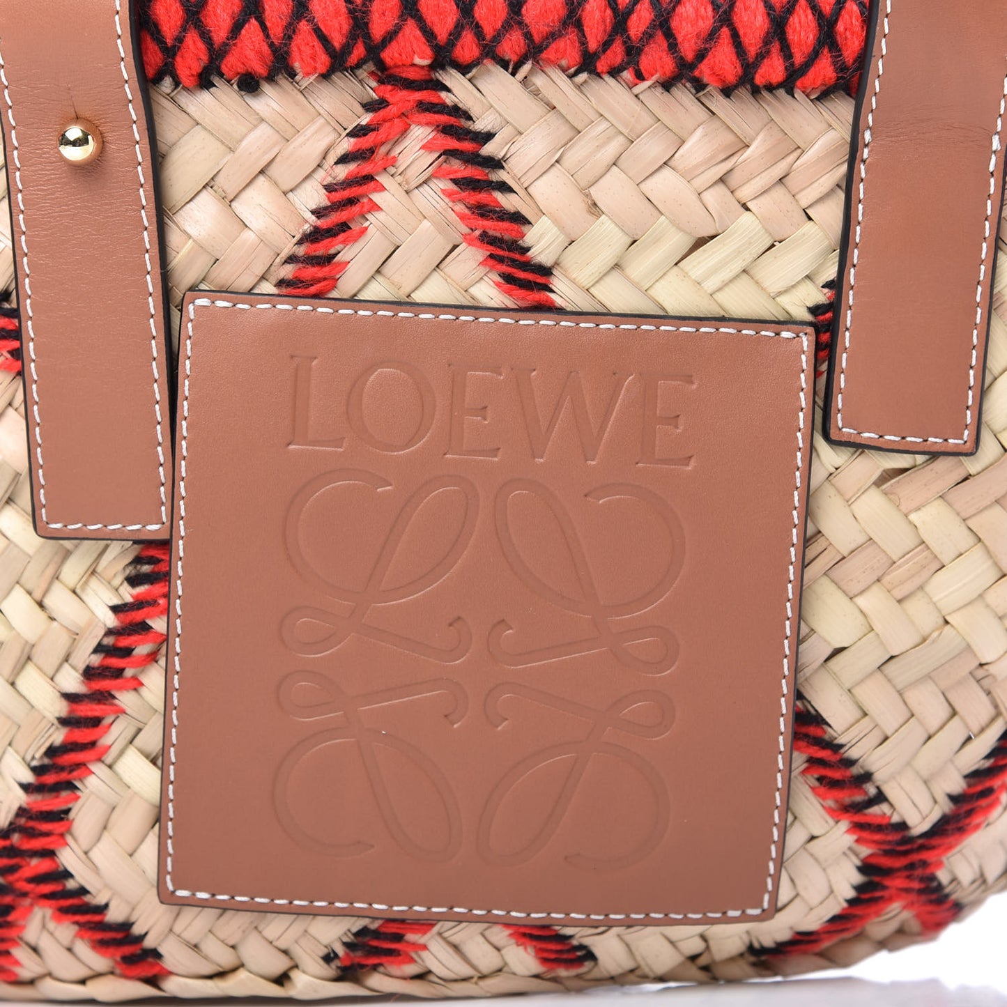 Embroidered Raffia Basket Tote Bag Natural Tan Red