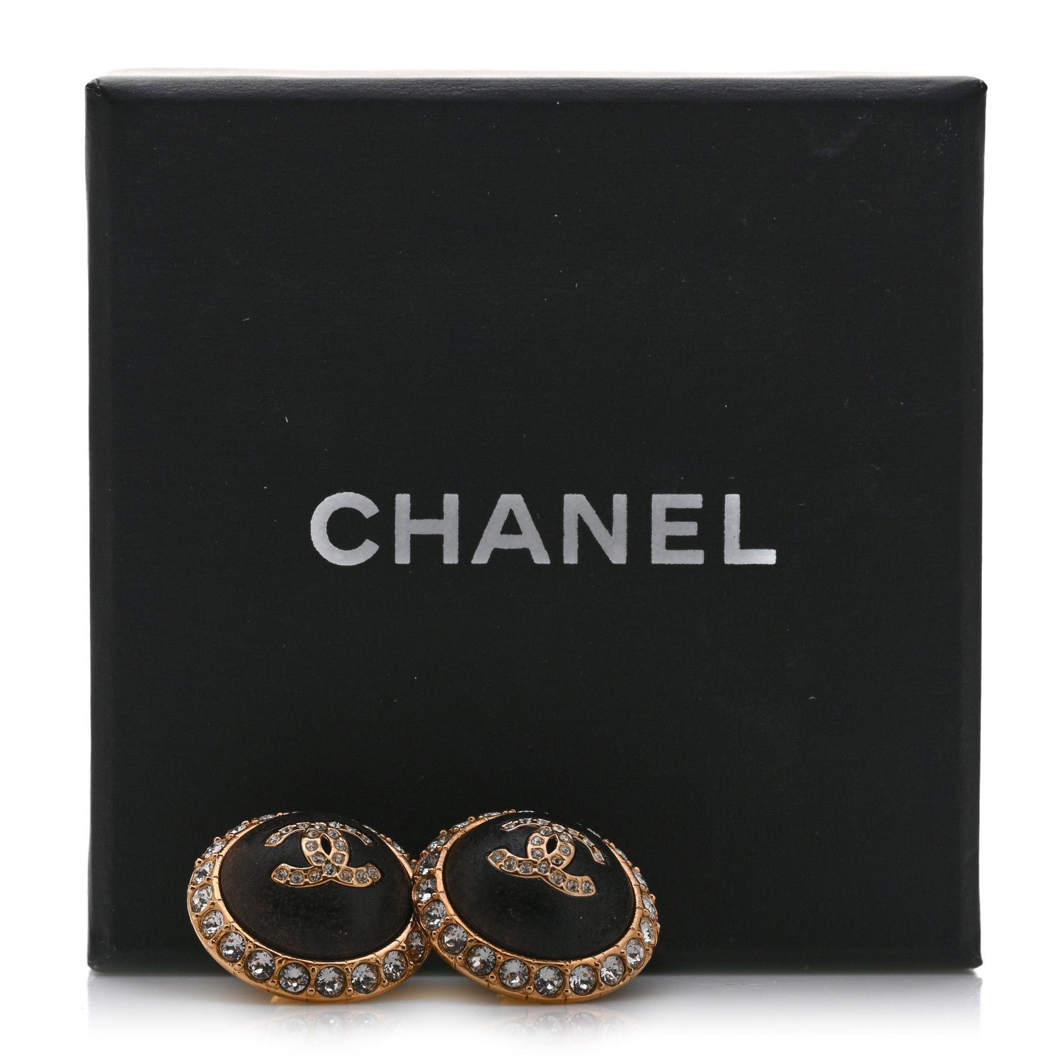 Chanel Metal Wood Crystal CC Round Earrings Gold Brown 5 of 5