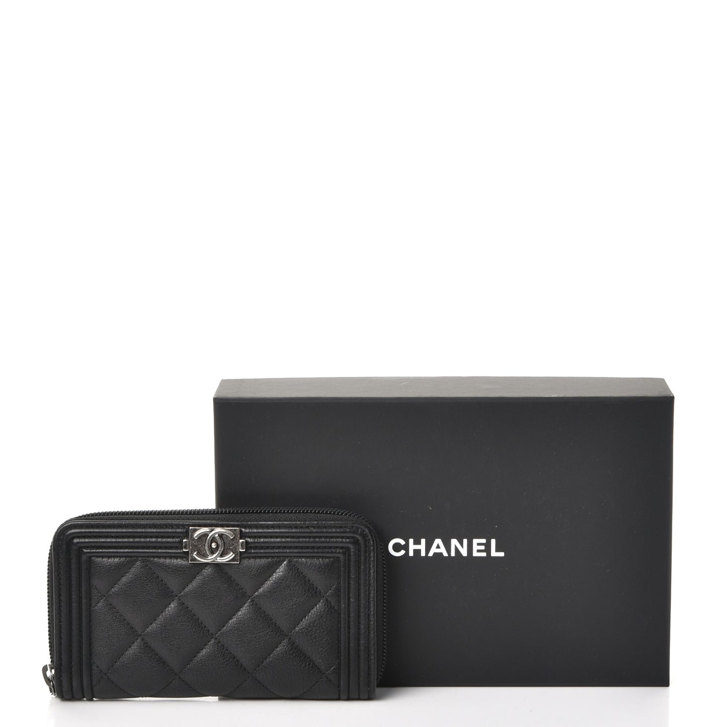 Calfskin Quilted Small Boy Zip Around Wallet Black