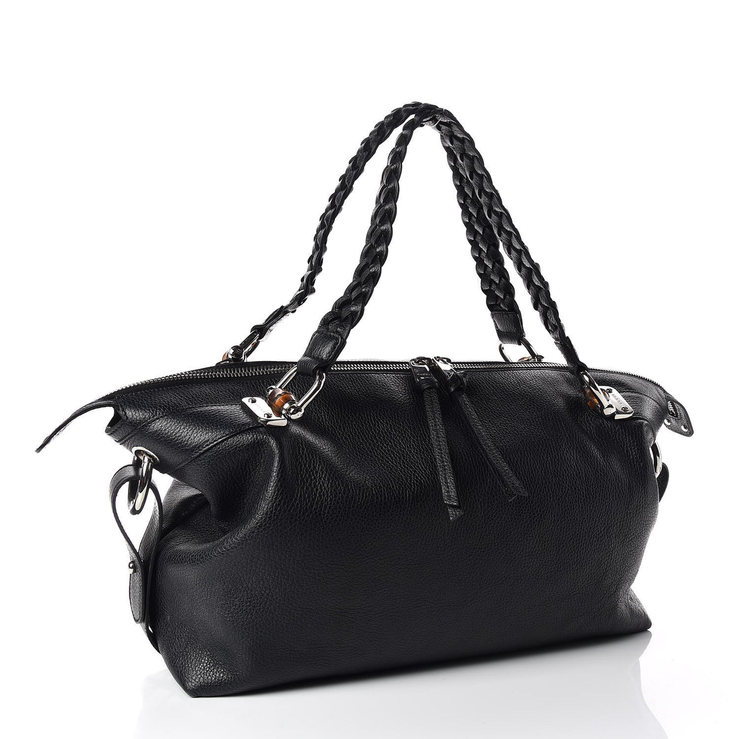 Pebbled Calfskin Large Bamboo Bar Tassel Shoulder Bag Black