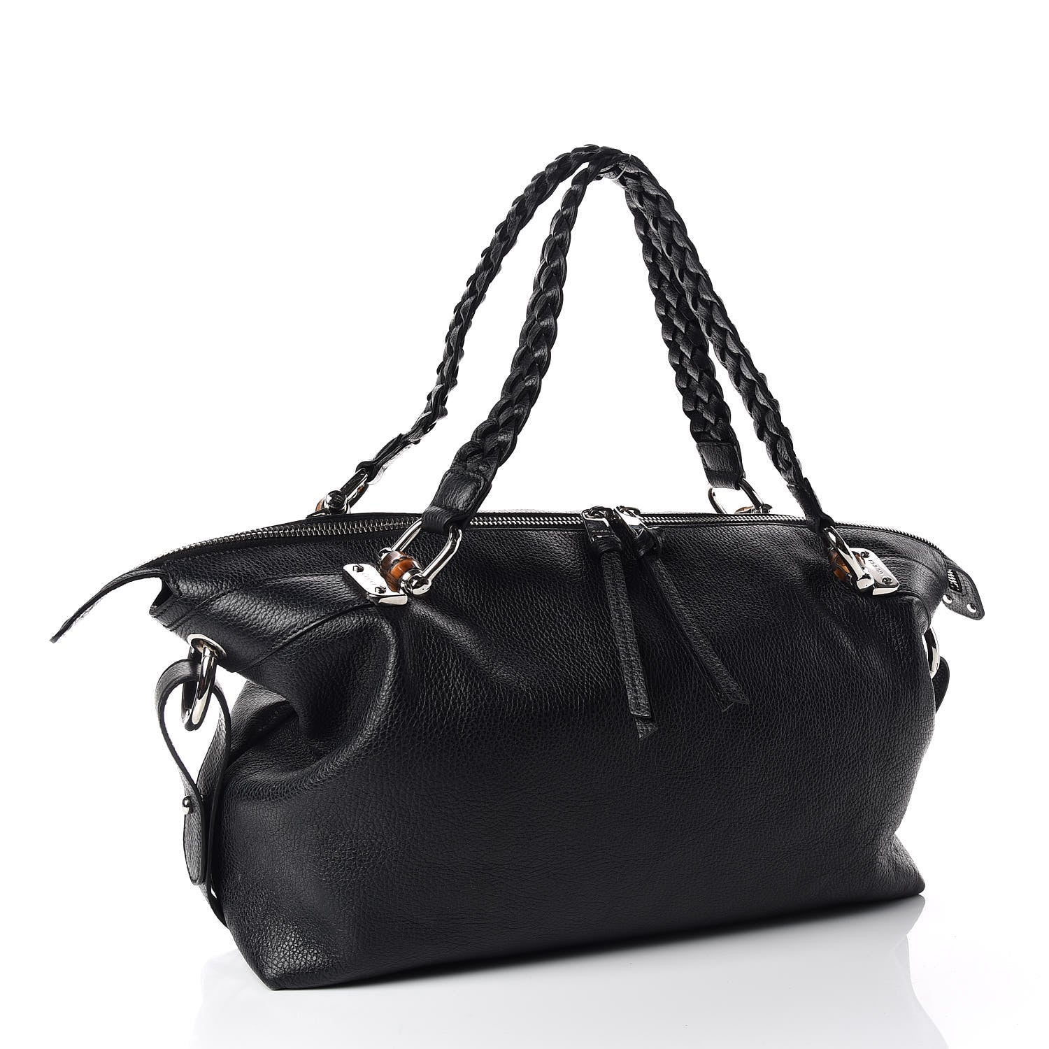 Gucci Pebbled Calfskin Large Bamboo Bar Tassel Shoulder Bag Black 3 of 9