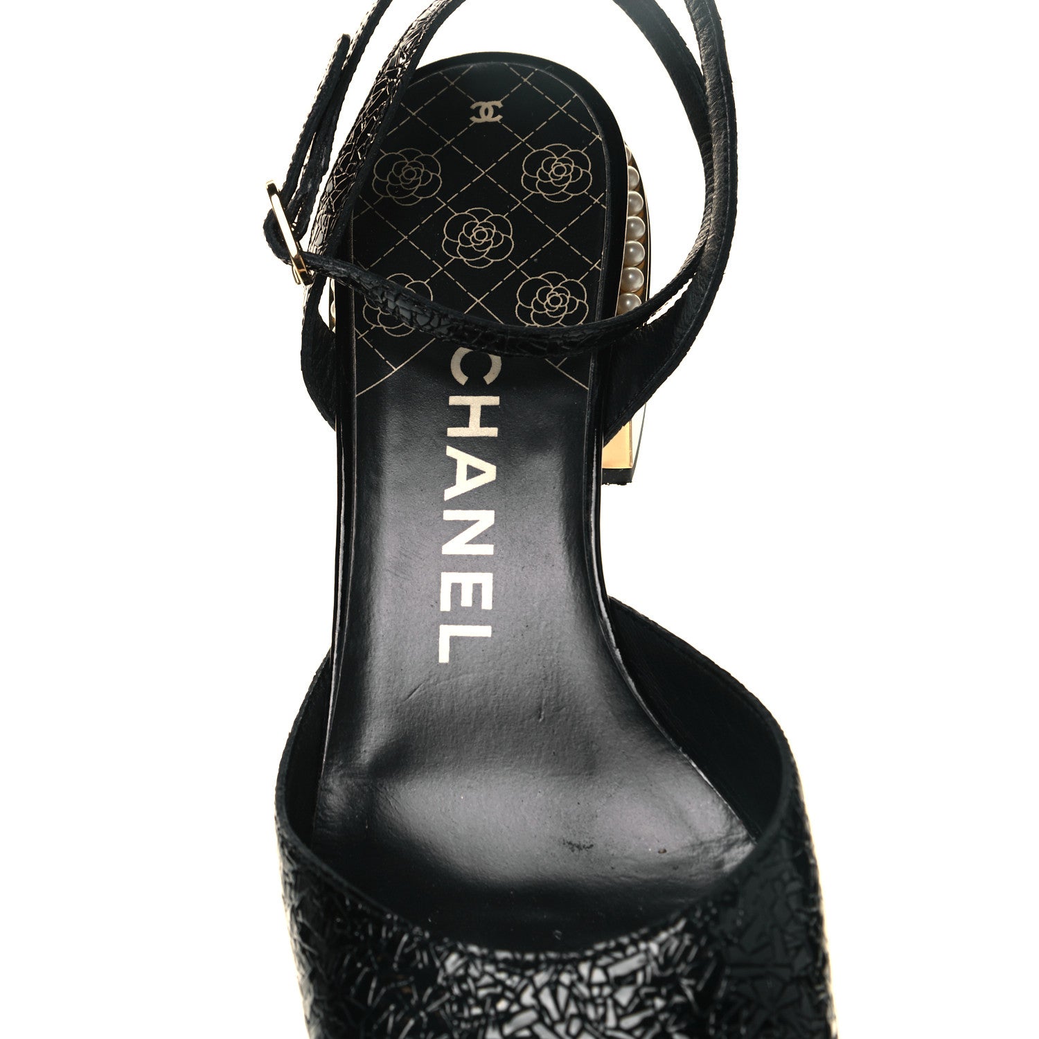 Chanel Patent Embossed Grosgrain Cap Toe Pearl Slingbacks 38.5 Black 8 of 8