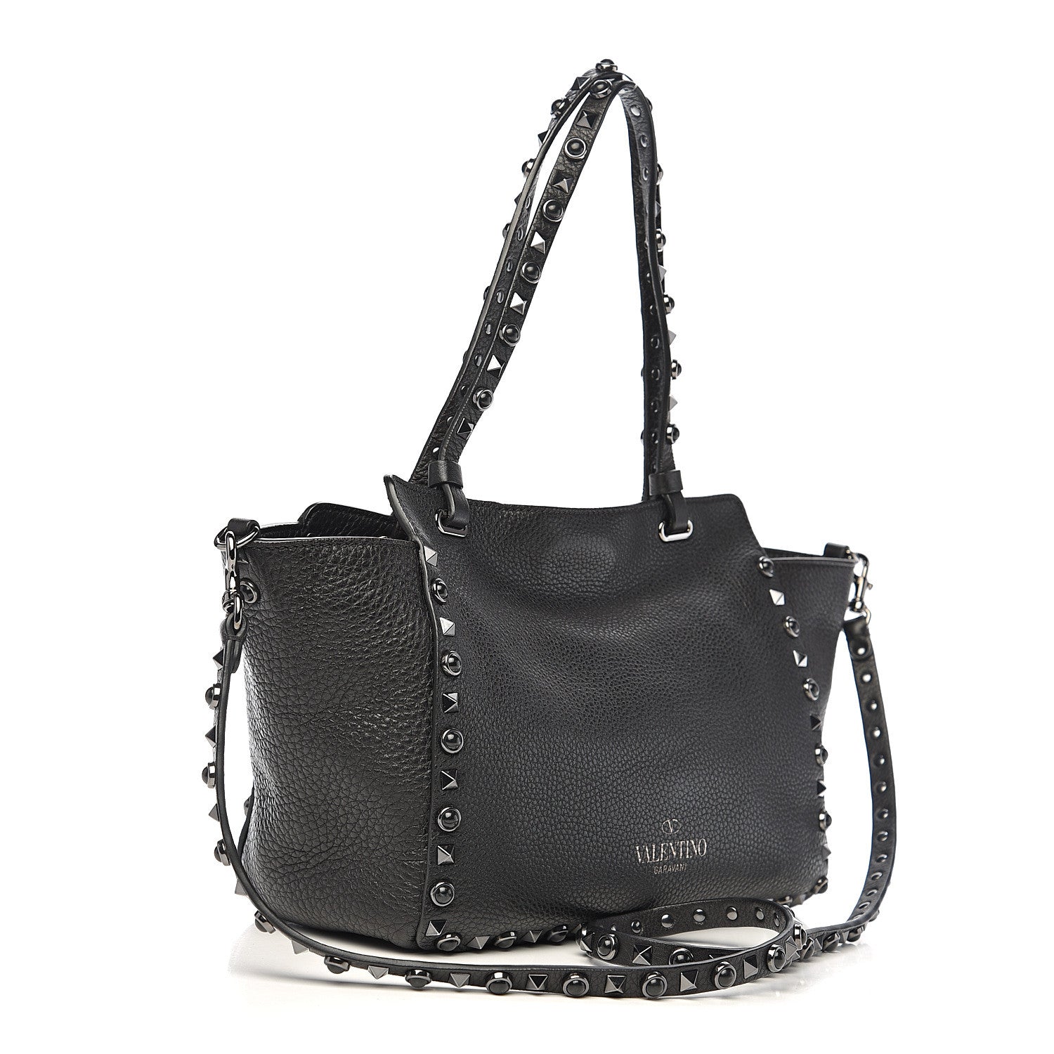 Valentino Garavani Grained Calfskin Onyx Small Rockstud Rolling Tote Black 2 of 9