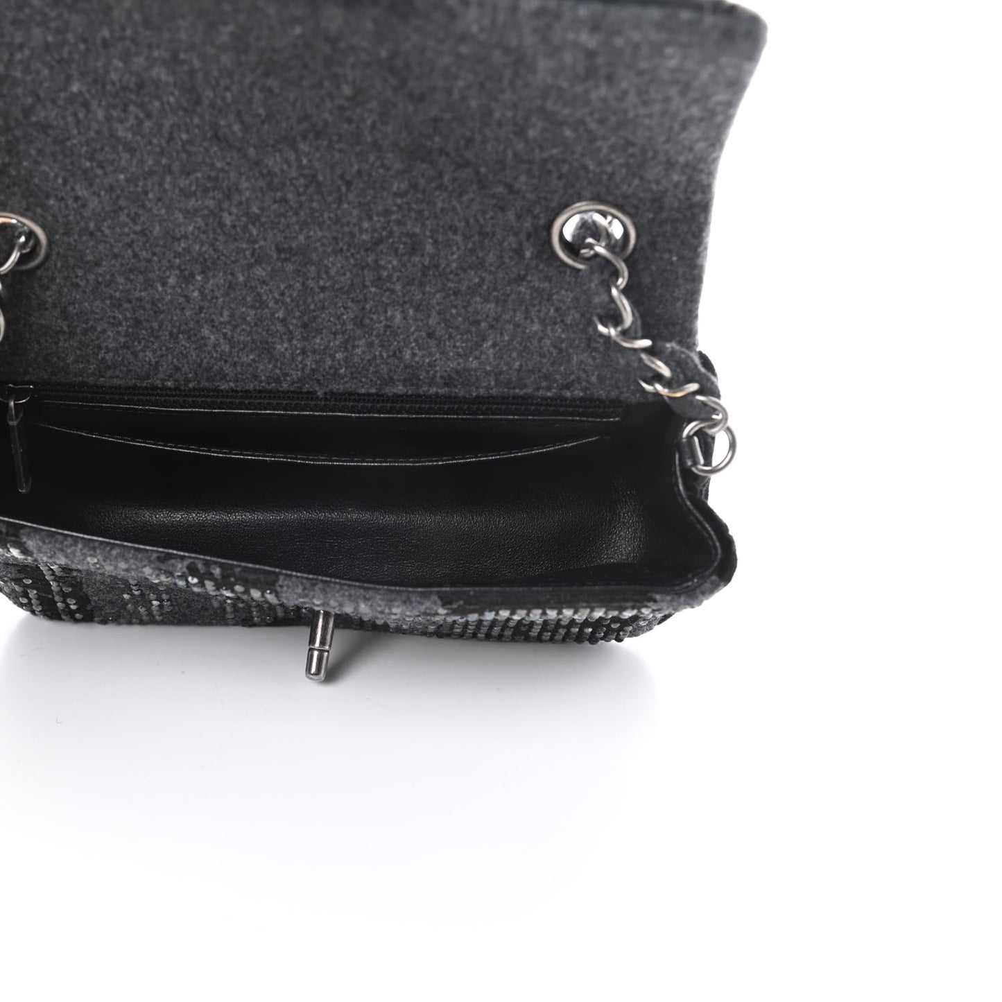 Wool Velvet Crystal Studded Mini Rectangular Flap Grey Black