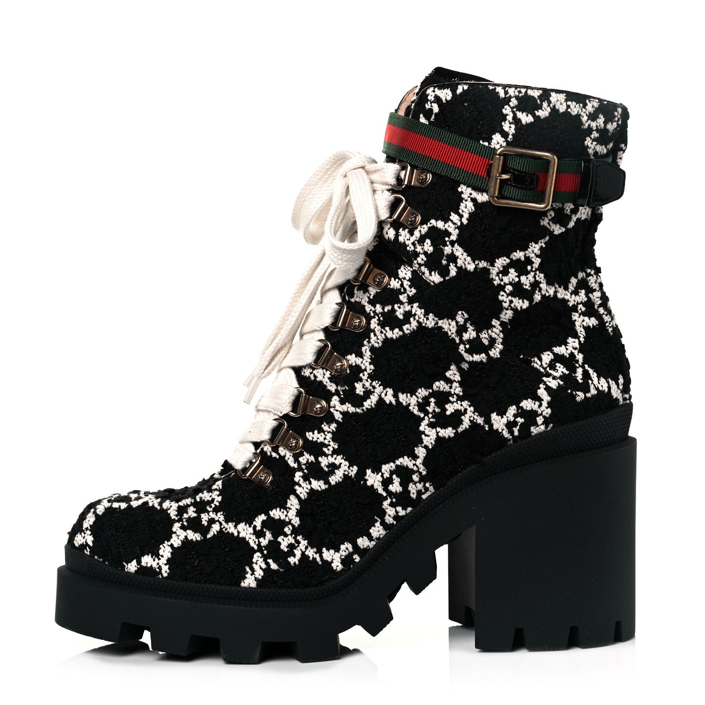 Tweed GG Monogram Lace Up Combat Ankle Boots 42 Black
