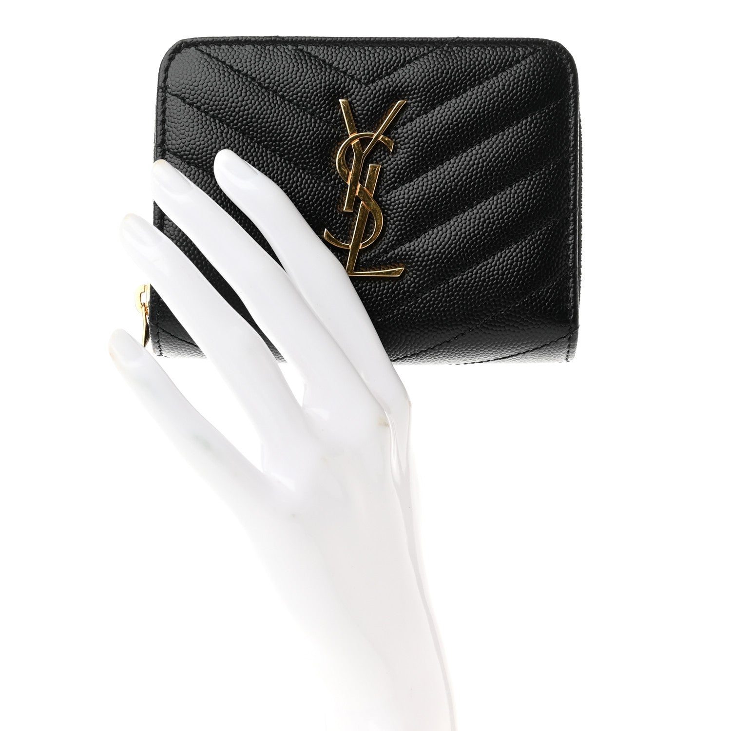 Saint Laurent Grain De Poudre Matelasse Chevron Monogram Compact Zip Around Wallet Black 2 of 7
