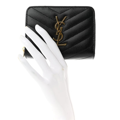 Saint Laurent Grain De Poudre Matelasse Chevron Monogram Compact Zip Around Wallet Black 2 of 7