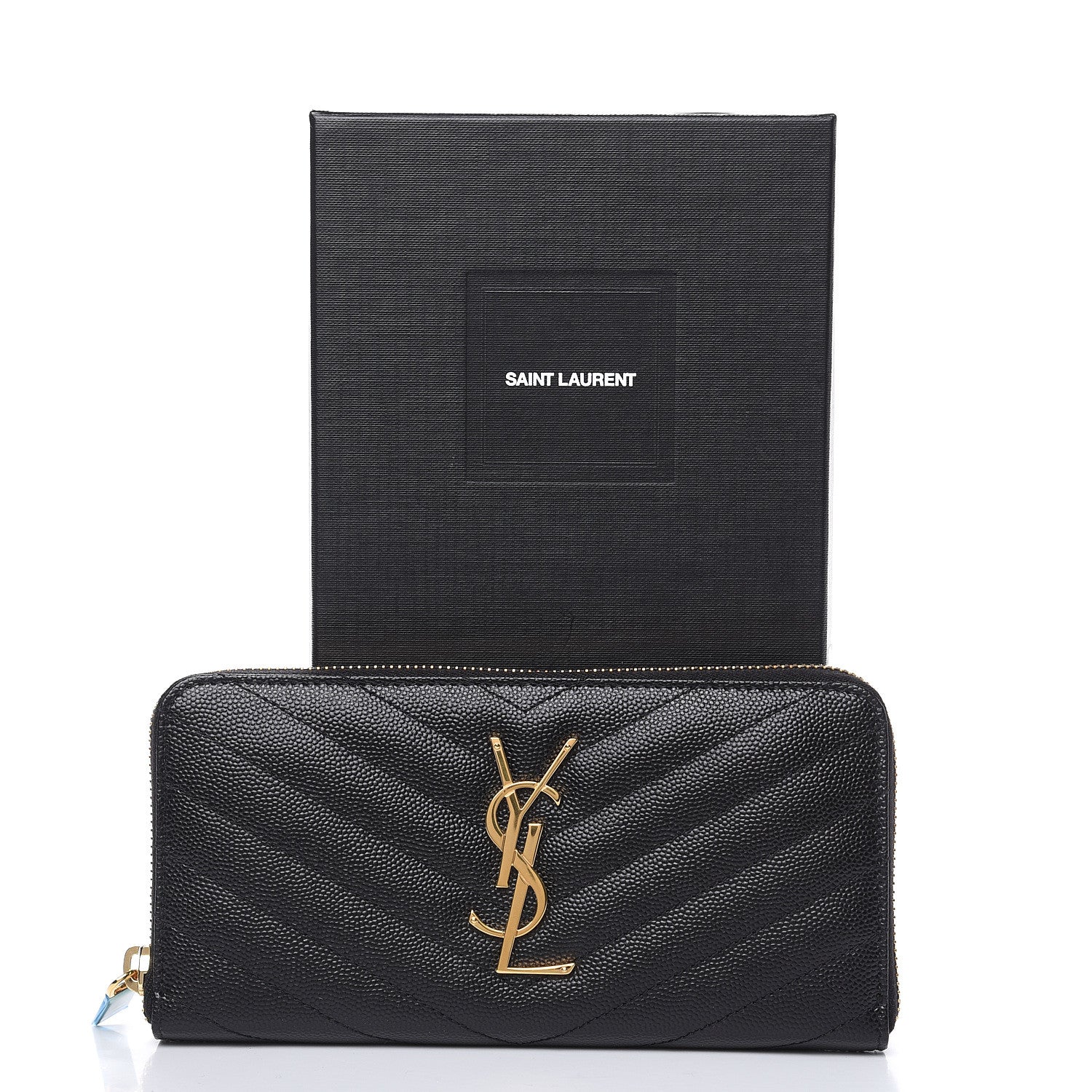 Saint Laurent Grain De Poudre Matelasse Chevron Monogram Zip Around Wallet Black 7 of 7