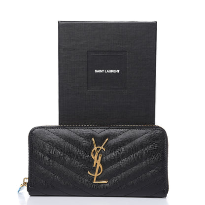 Saint Laurent Grain De Poudre Matelasse Chevron Monogram Zip Around Wallet Black 7 of 7