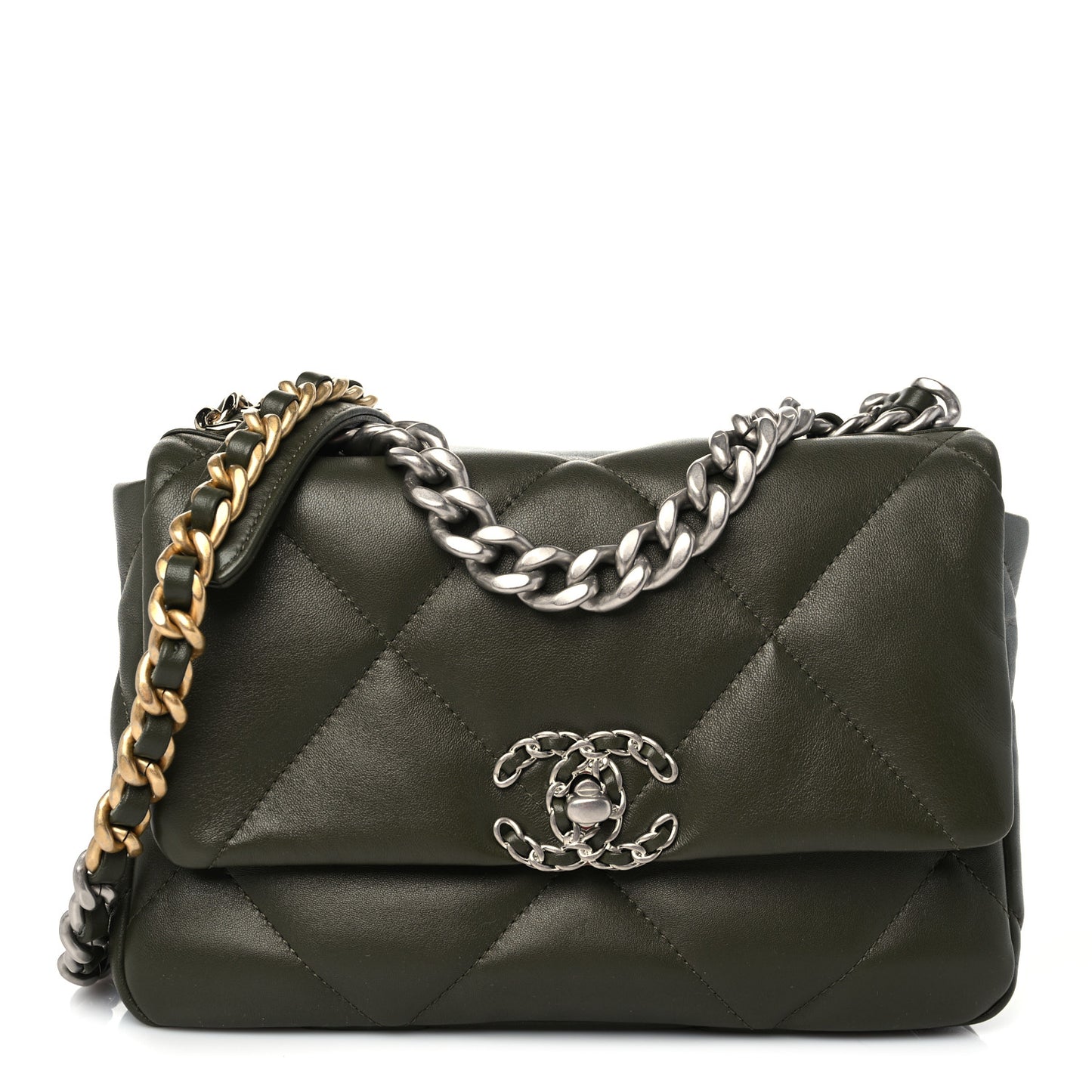 Lambskin Quilted Medium Chanel 19 Flap Khaki