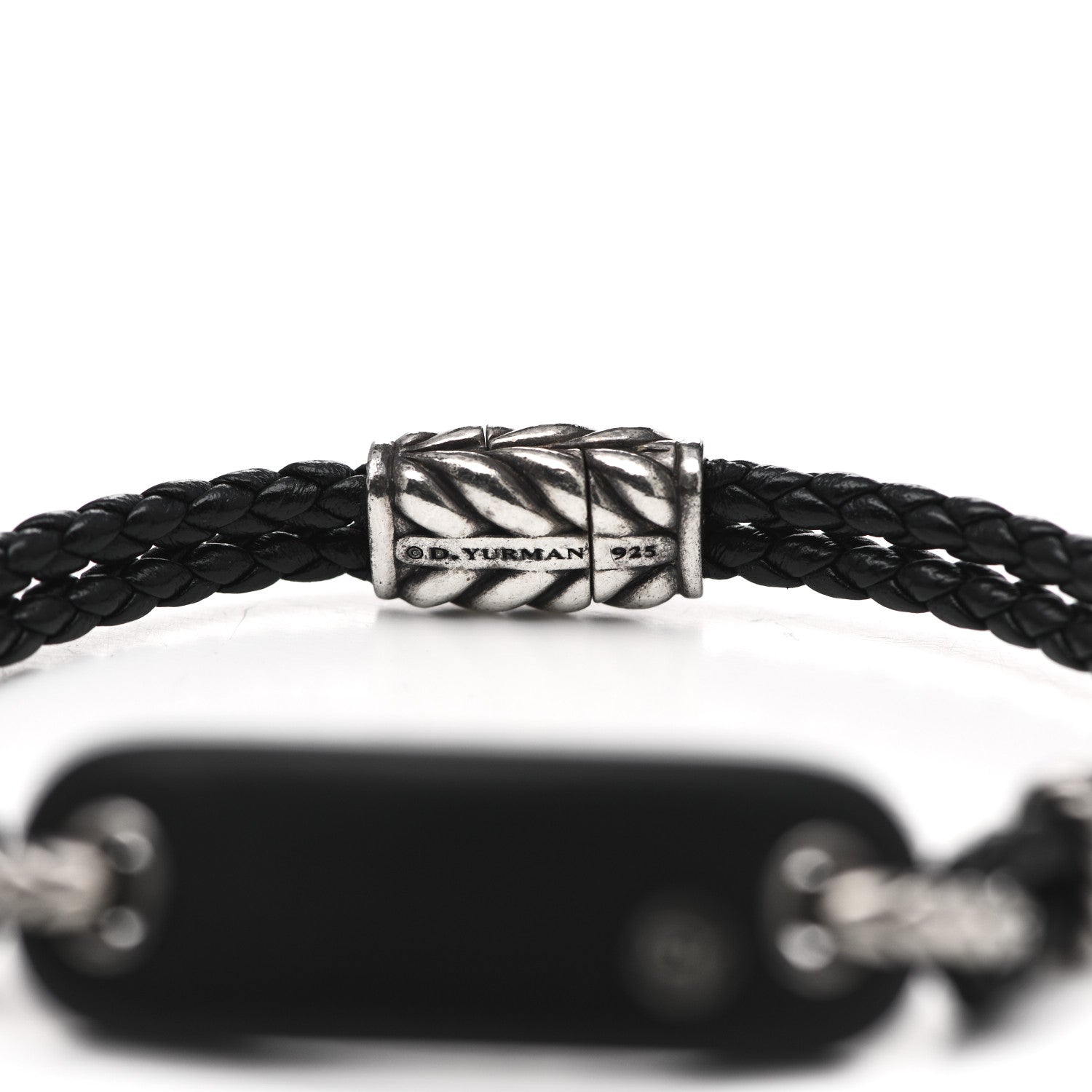 David Yurman Sterling SIlver Leather Clay Mens Cable ID Bracelet Black 3 of 5