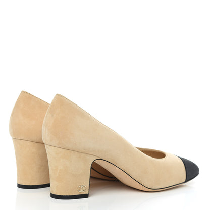Chanel Suede Satin Cap Toe Low Heel Pumps 39 Beige Black 4 of 9