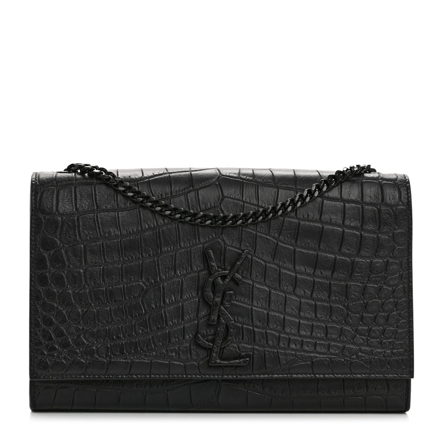 Calfskin Crocodile Embossed Medium Classic Monogram Kate Satchel Black