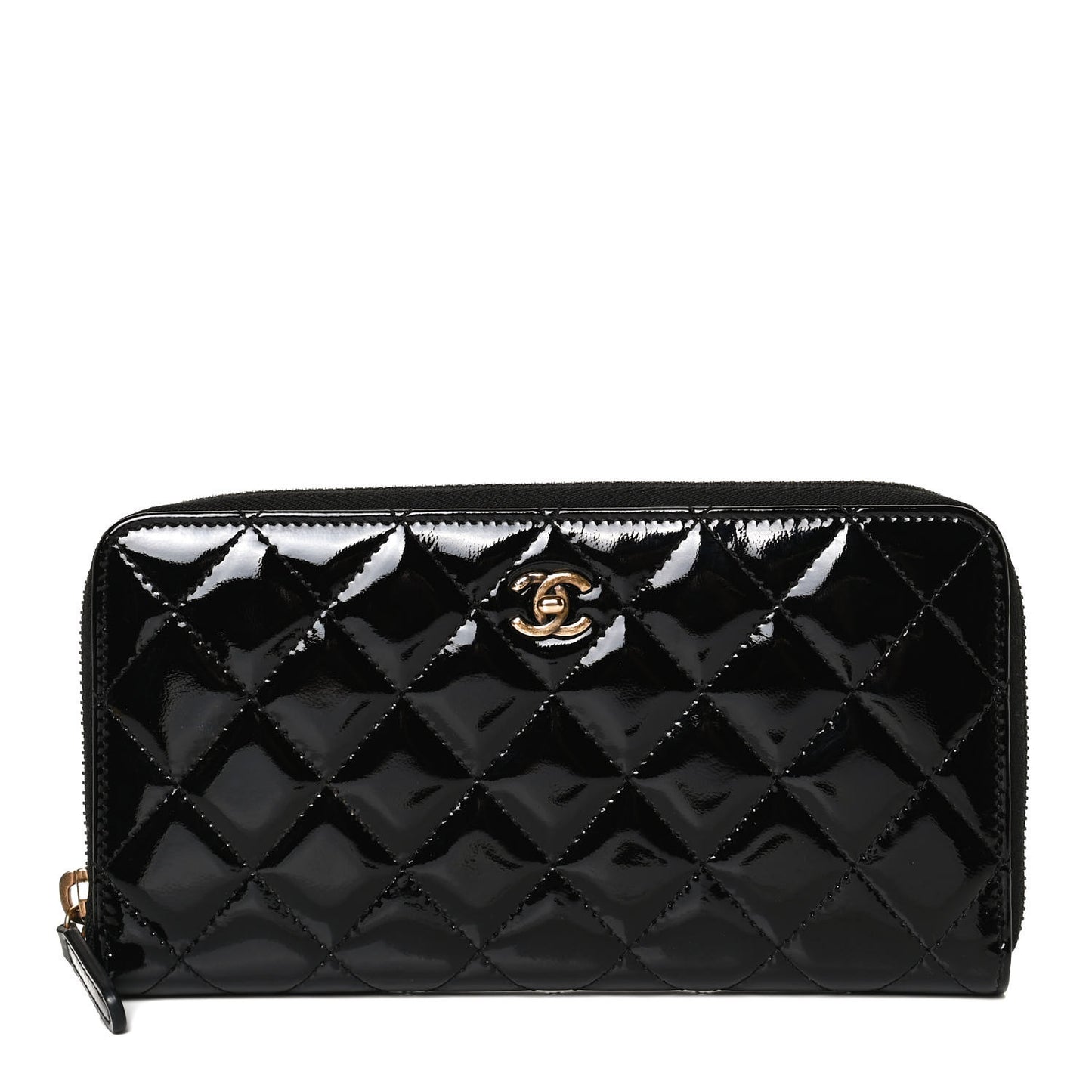 Patent Quilted Large Gusset Zip Around Wallet Black