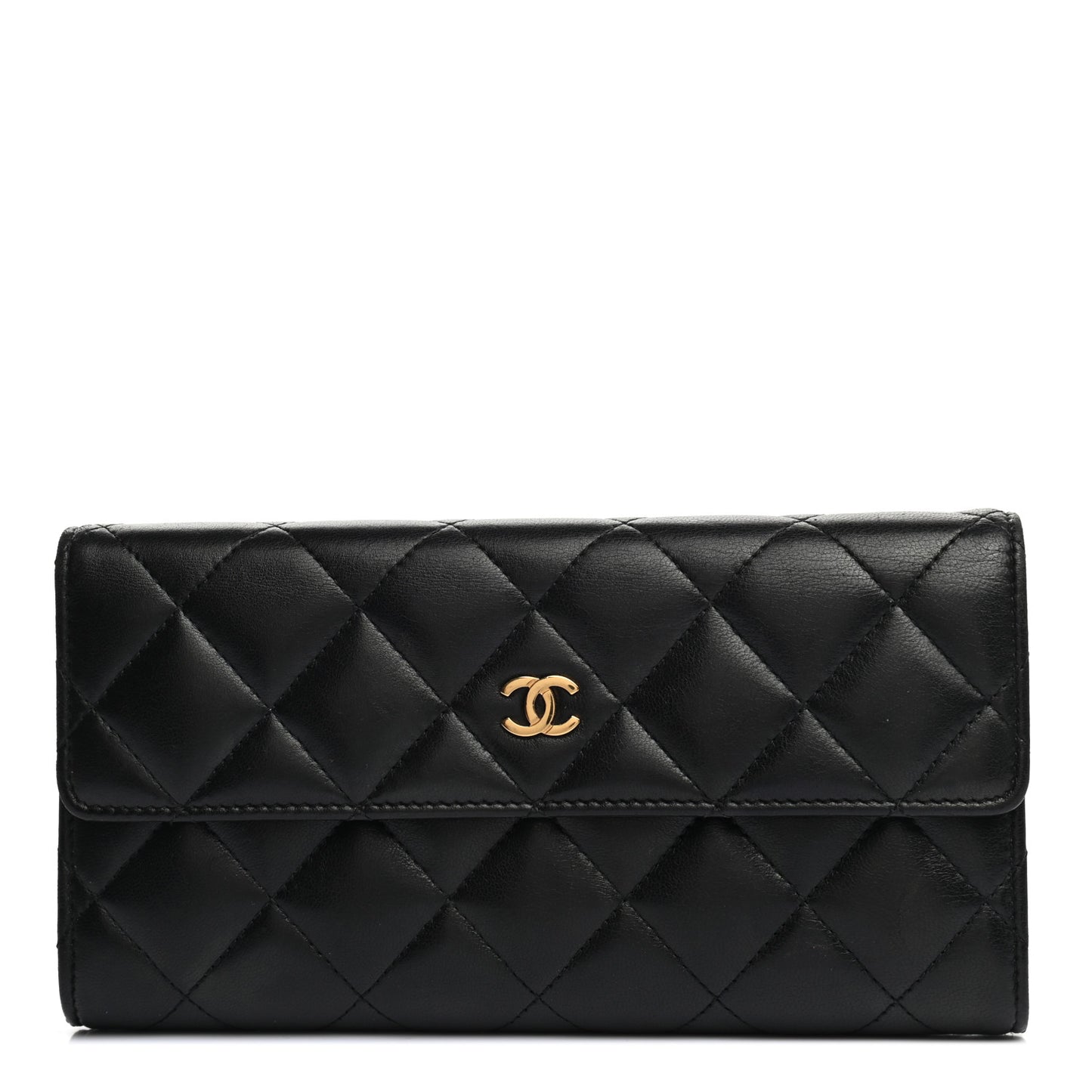 Lambskin Quilted Large Gusset Flap Wallet Black