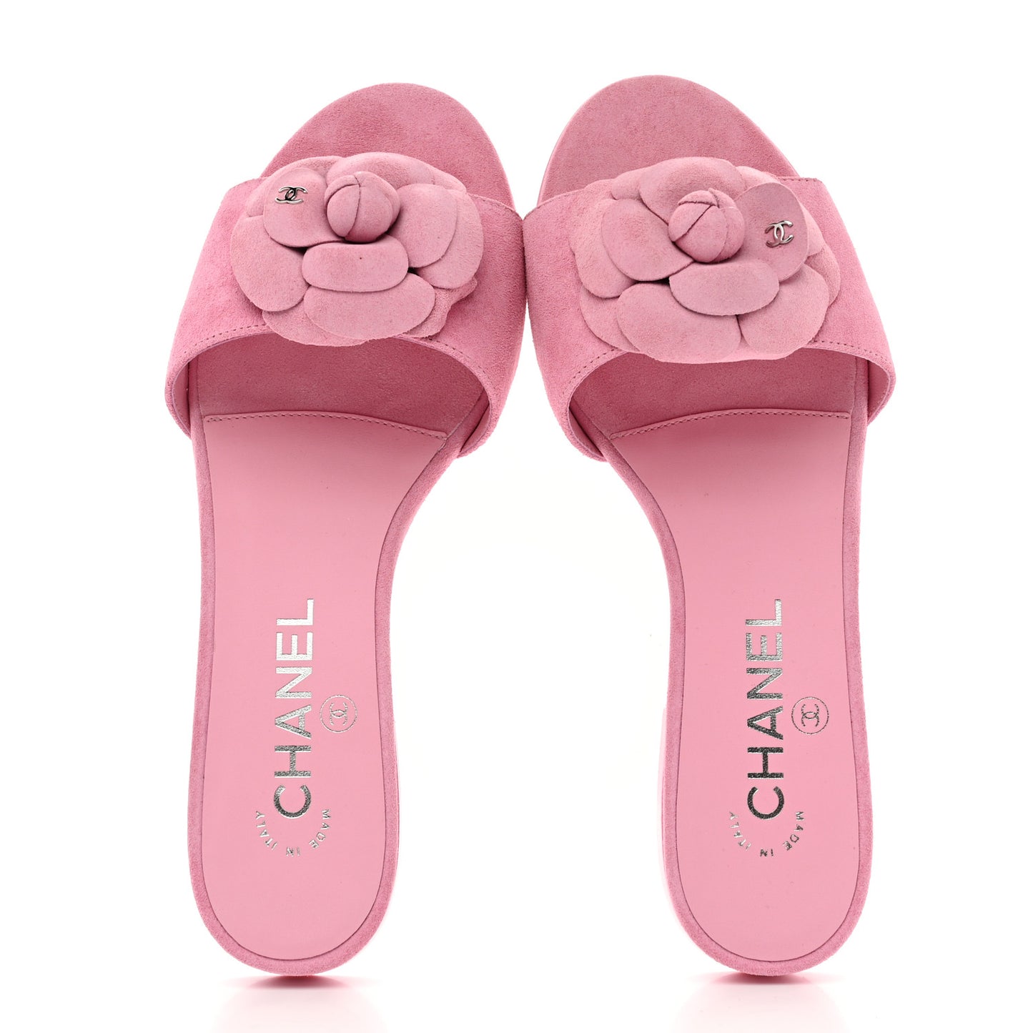 Suede Calfskin Camellia CC Slides 36 Pink