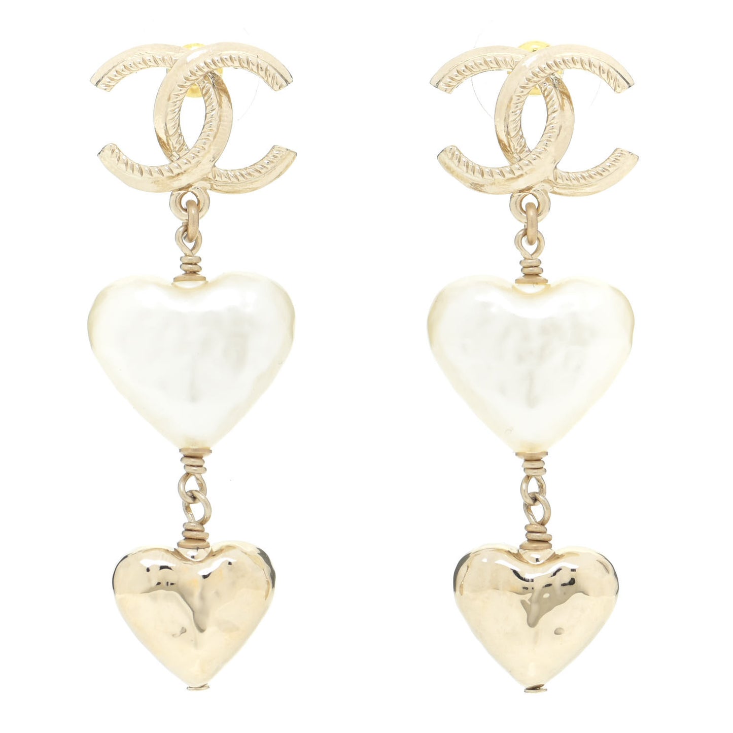 Pearl CC Double Heart Drop Earrings Gold