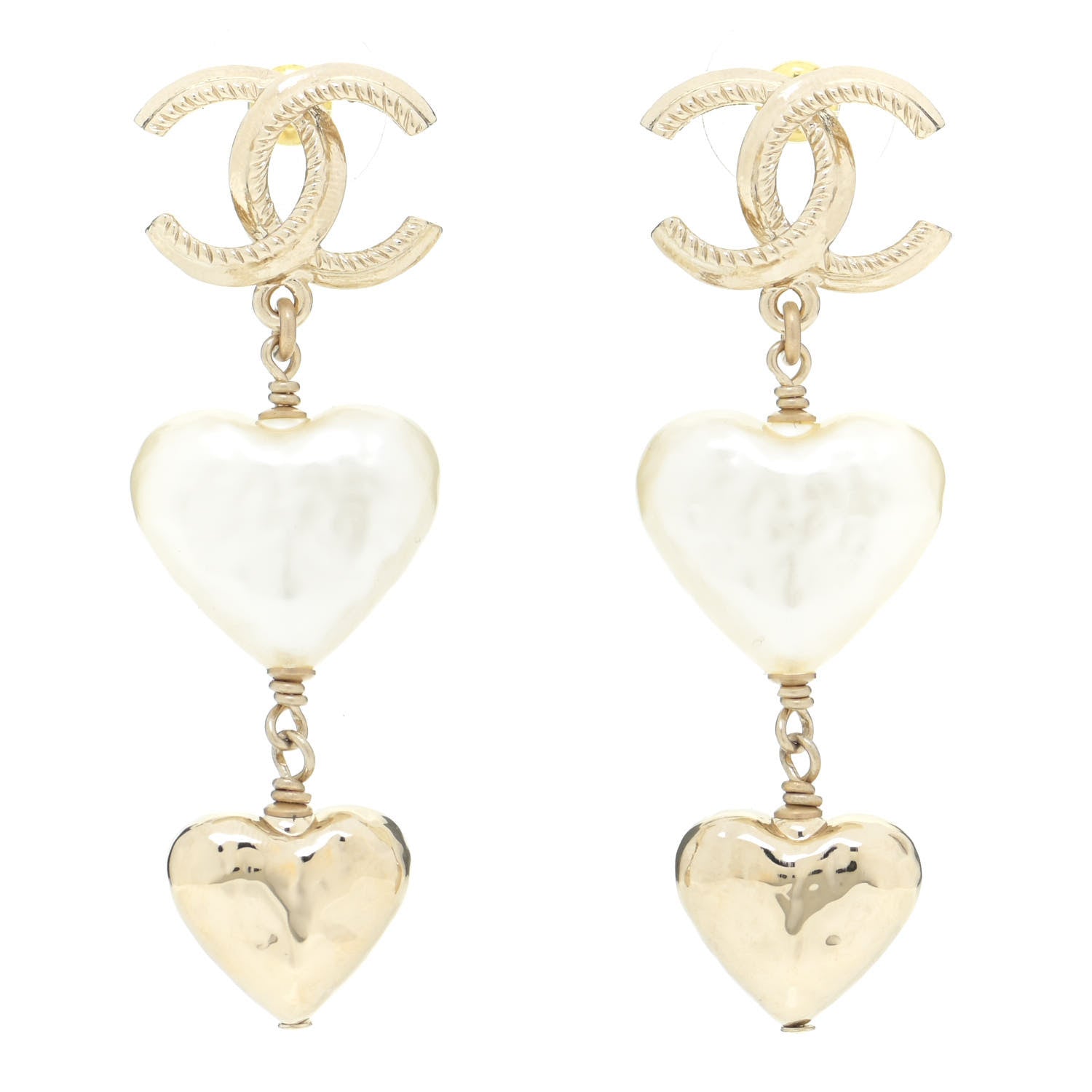 Chanel Pearl CC Double Heart Drop Earrings Gold 1 of 7