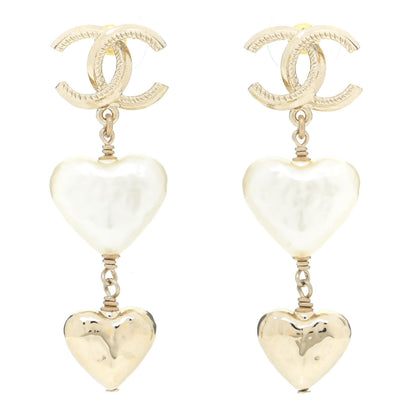 Chanel Pearl CC Double Heart Drop Earrings Gold 1 of 7