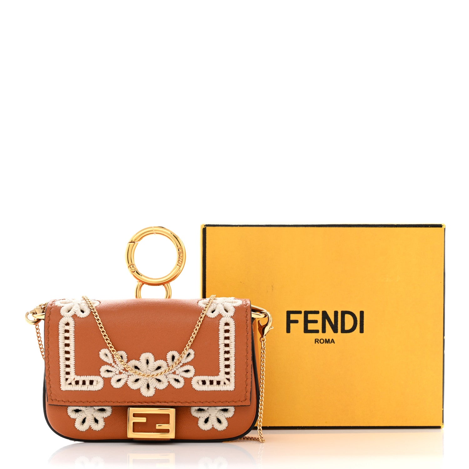 Fendi Shiny Nappa Vitello King Floral Ajour Embroidered Nano Baguette Charm Brandy 8 of 8