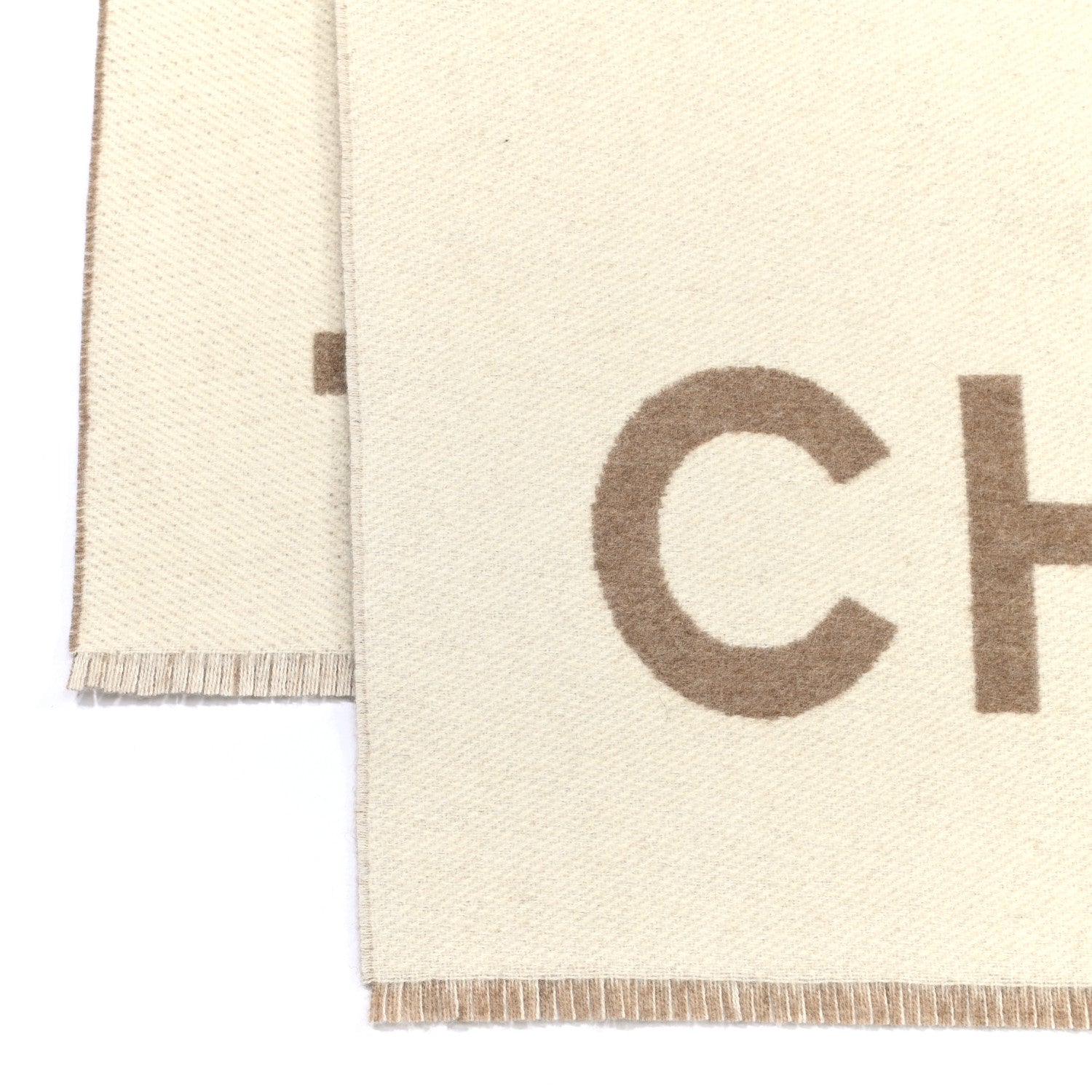 Chanel Cashmere CC Fringe Stole Beige White 8 of 9