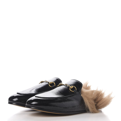 Gucci Patent Fur Womens Princetown Slippers 38 Black Natural 3 of 8