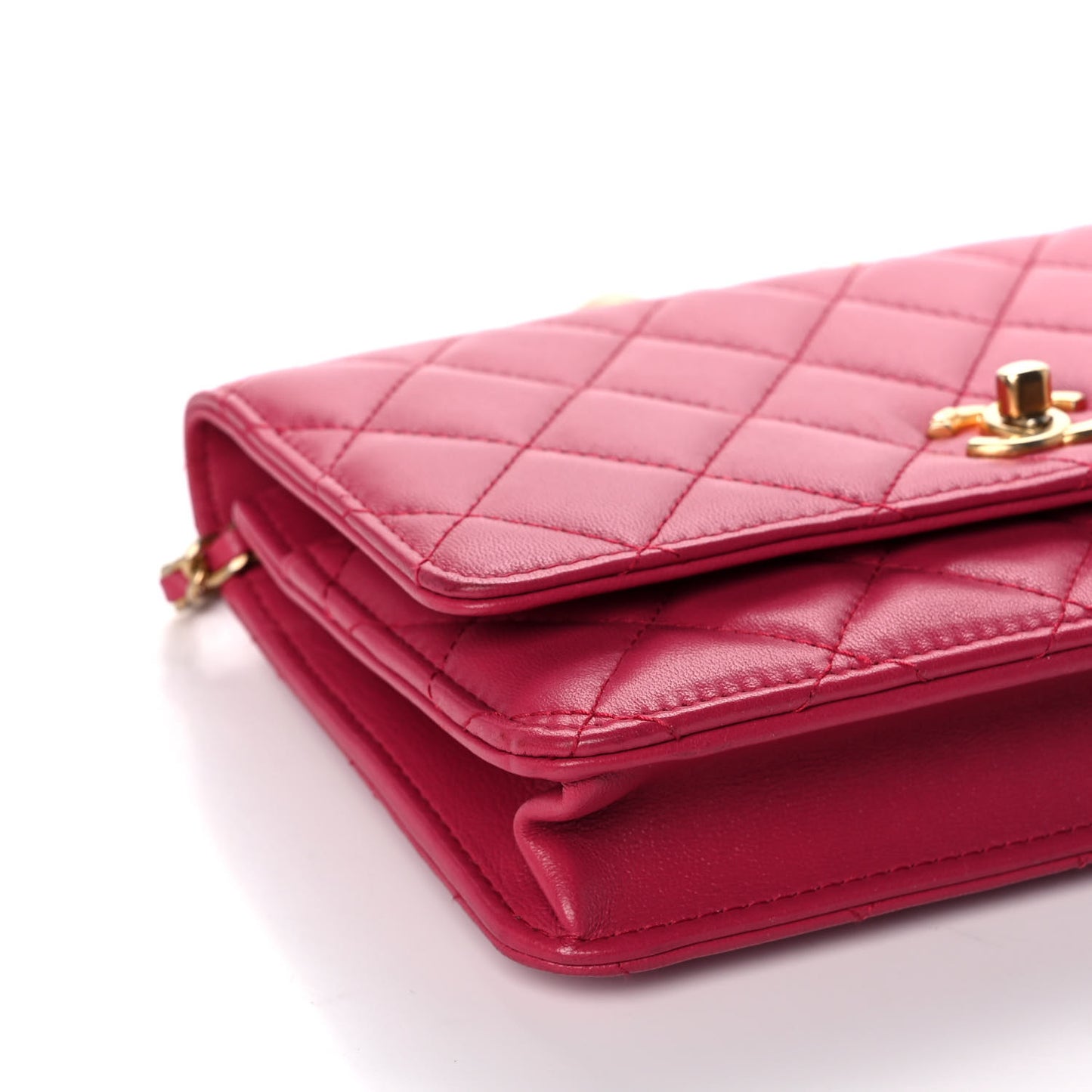 Lambskin Quilted CC Pearl Crush Wallet on Chain WOC Dark Pink