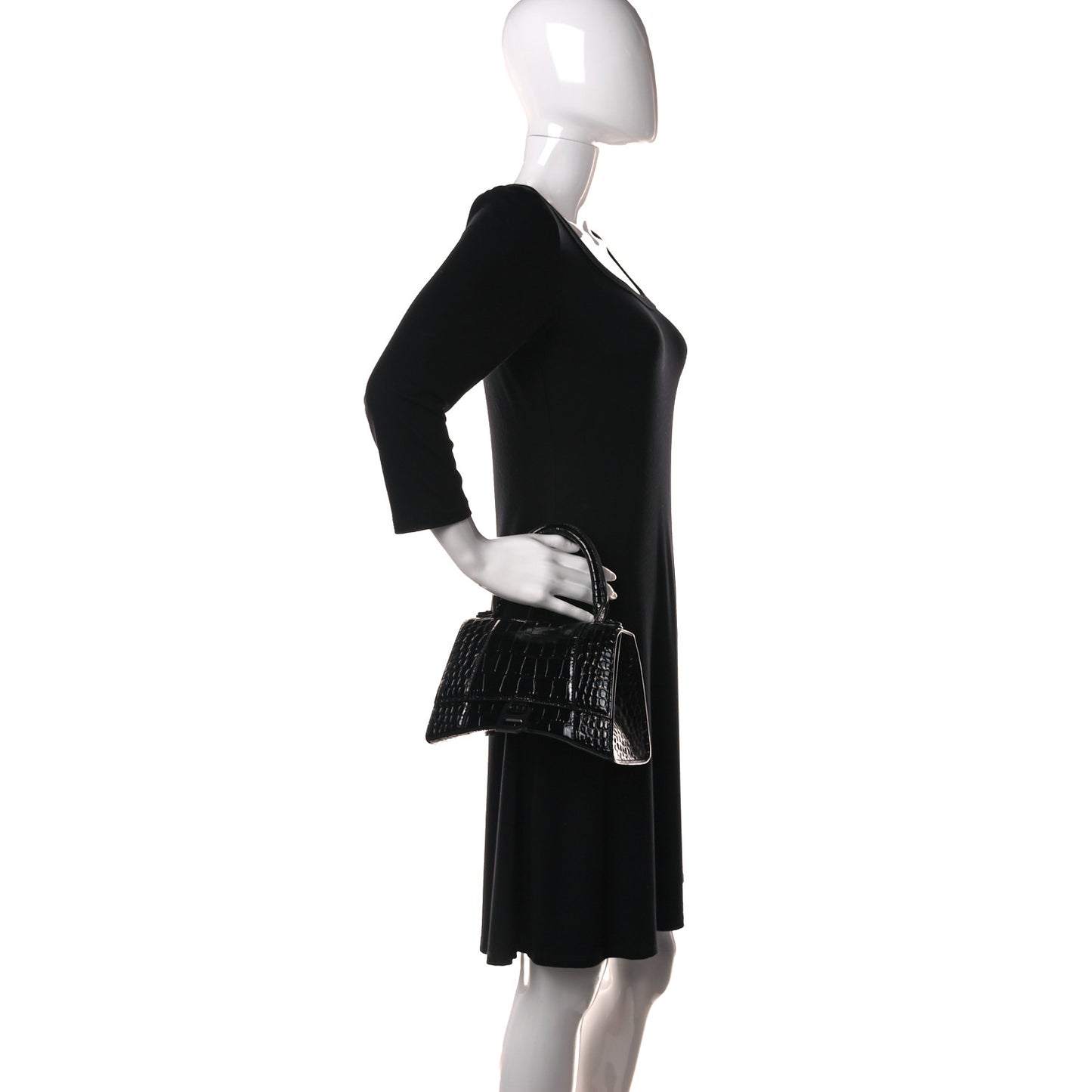 Shiny Calfskin Monochrome Crocodile Embossed Small Hourglass Top Handle Bag Black