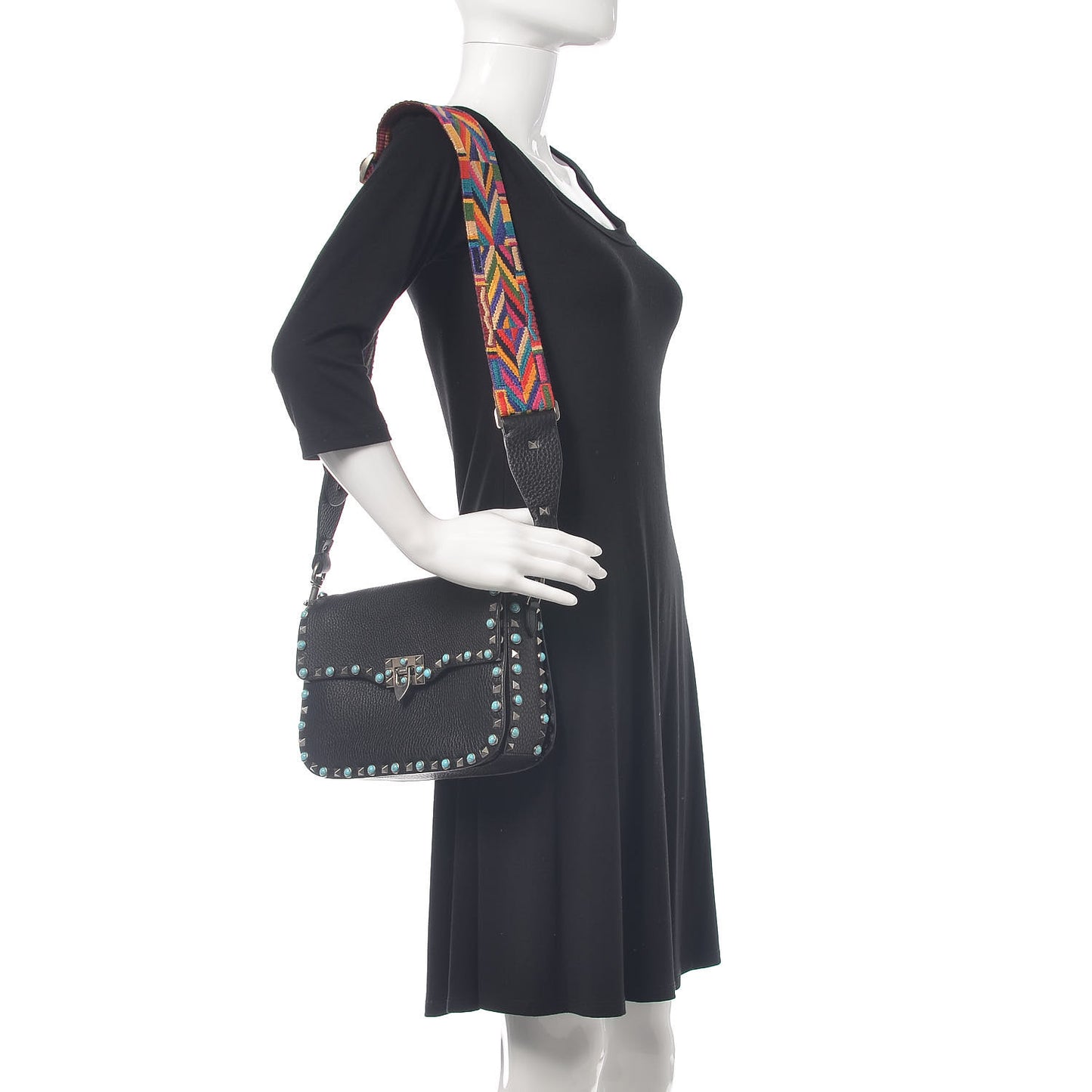 Pebbled Calfskin Turquoise Medium Guitar Strap Rockstud Rolling Flap Saddle Bag Black